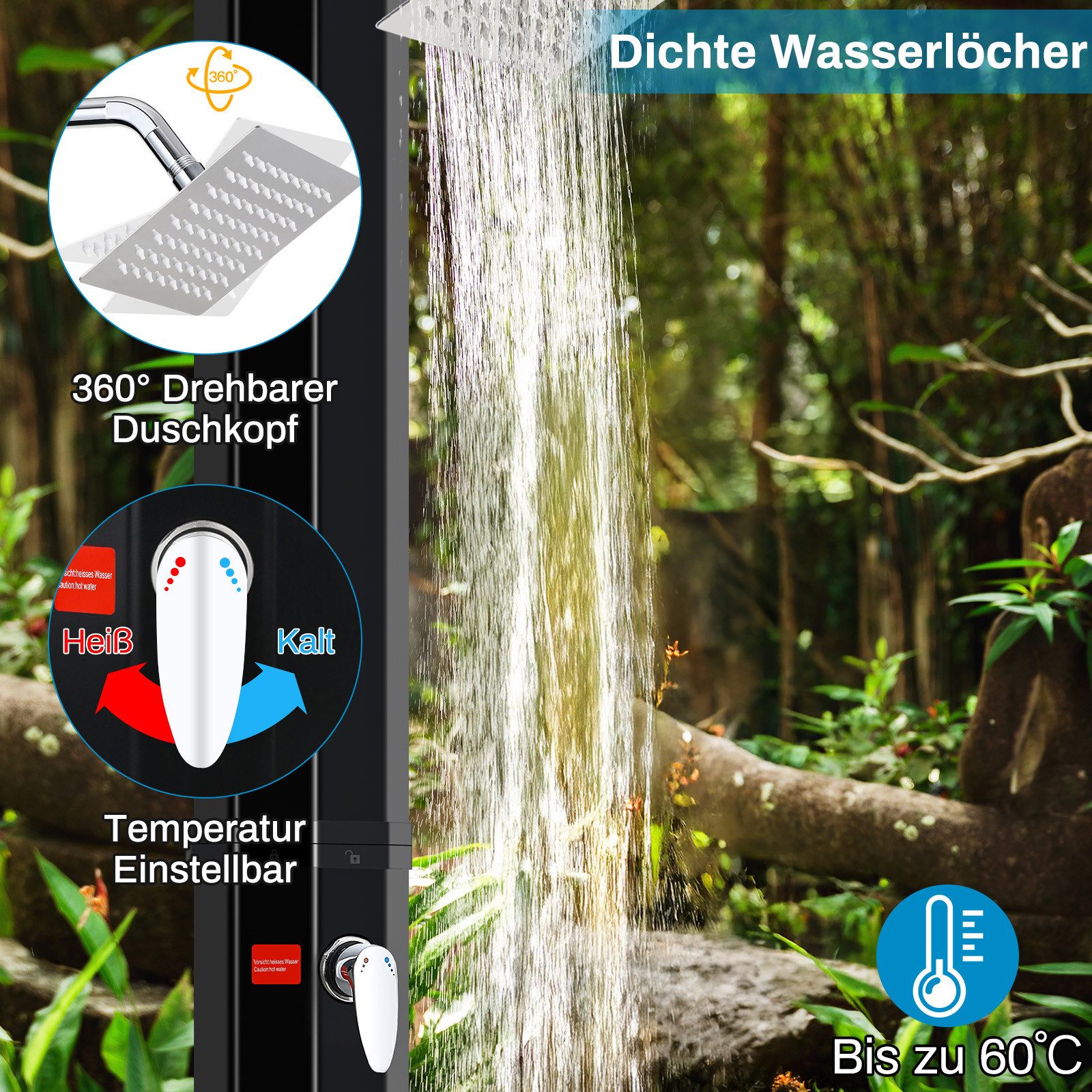 TLGREEN Solardusche Gartendusche ohne Strom mit 360° Oberkopf-Duschkopf & 210D Schutzhülle (35L Pooldusche Campingdusche bis 60°C warmes Wasser, mit unabhängigem Wasserhahn & Gartenschlauch-Anschluss), (ohne Handbrause)