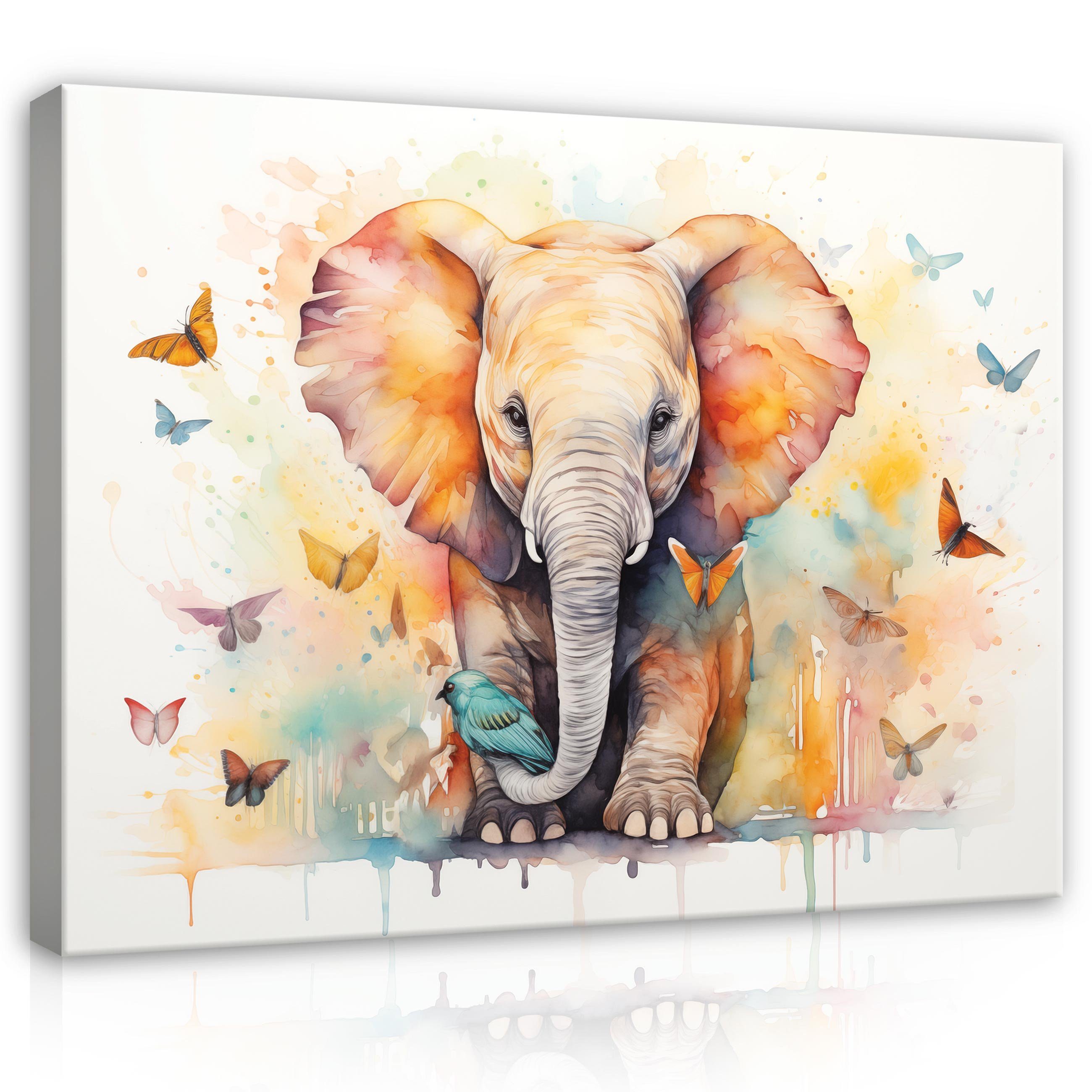 Wallarena Leinwandbild Kinderzimmer Mädchen Elefant Jungen Gemalt Kinder Wandbild Modern, Gemalter Elefant (Einteilig, 1 St), Bilder Kinderzimmer Wandbilder Leinwandbilder Groß Wand Deko Kinder