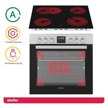 Simfer Elektro-Herd-Set SMF-CS 3029, 60 Liter, Einbau Herd-Set, 60 cm Glaskeramikkochfeld mit Zweikreis-und Bräterzone, mit 1-fach-Teleskopauszug, SteamClean, 9 Funktionen, Digitaler Timer, Heißluft, Grillfunktion, Umluft