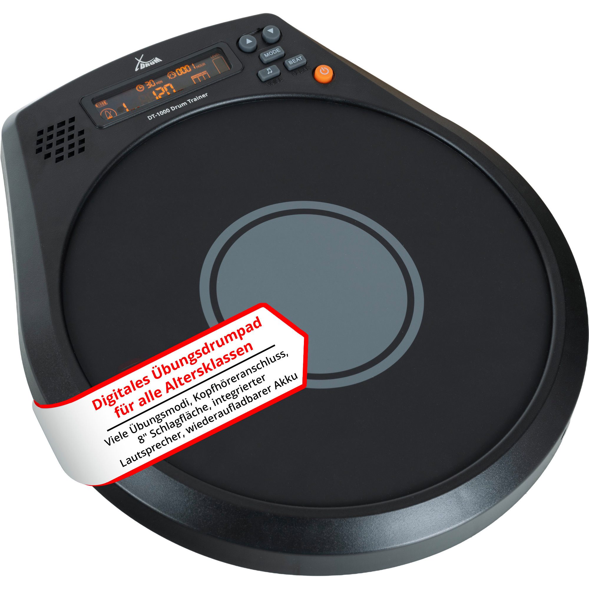 XDrum E-Drum Pads XDrum DT-1000 Drum Trainer Rhythm Coach, Mit eingebauten Akku mit 16h Laufzeit, Effektives Timing- und Schlagtraining für jeden Drummer