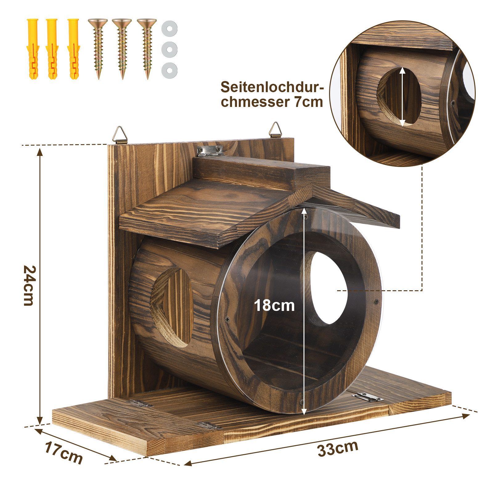 PRIISF Eichhörnchenkobel Eichhörnchen Futterhaus Wetterfest Futterstation aus Langlebigem Holz, Eichhörnchenhaus Aufhängbar Mit 2 Eingängen & 2 Sitzplattformen