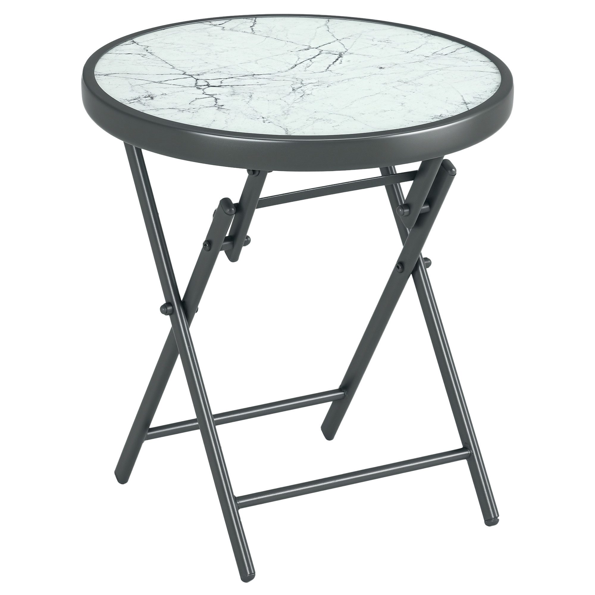 Outsunny Gartentisch klappbar, aus Glas mit Marmoroptik, rund (Klapptisch, 1-St., Beistelltisch), für Balkon Terrasse Wohnzimmer Büro, 45 x 45 x 50 cm, Weiß