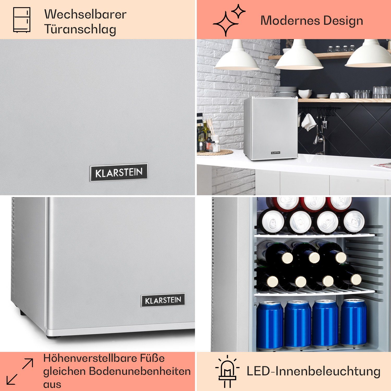 Klarstein Table Top Kühlschrank HEA-HappyHour-42Slb 10035246A, 53.5 cm hoch, 40 cm breit, Hausbar Minikühlschrank ohne Gefrierfach klein Kühlschrank Getränke