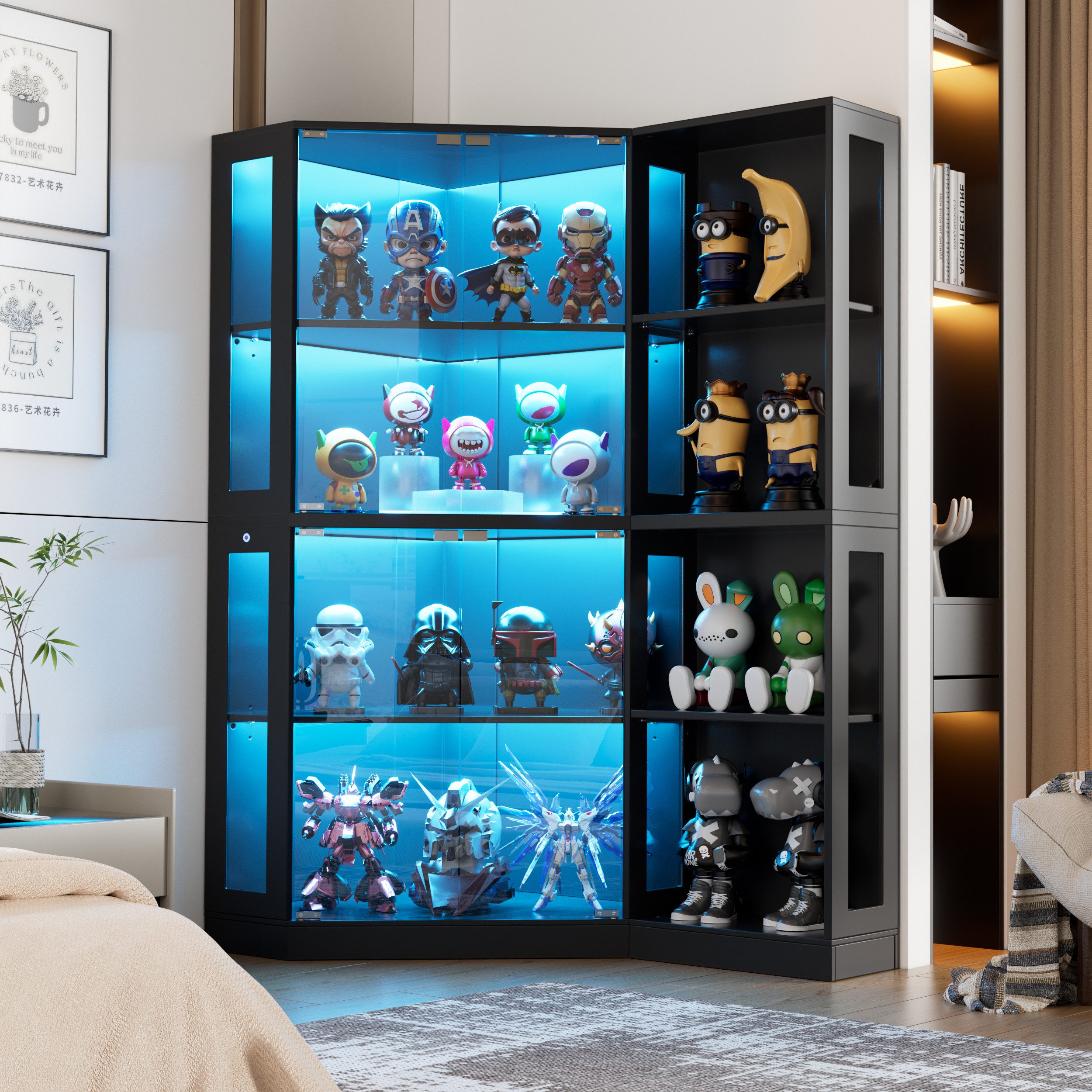 TWSOUL Eckvitrine Glasvitrine 4-stöckiger Eckglasanzeigeschrank mit LED&Offene Regale 165cm, griffloses Design, Hochschrank Bücherregal – Spielzeug, Bücher