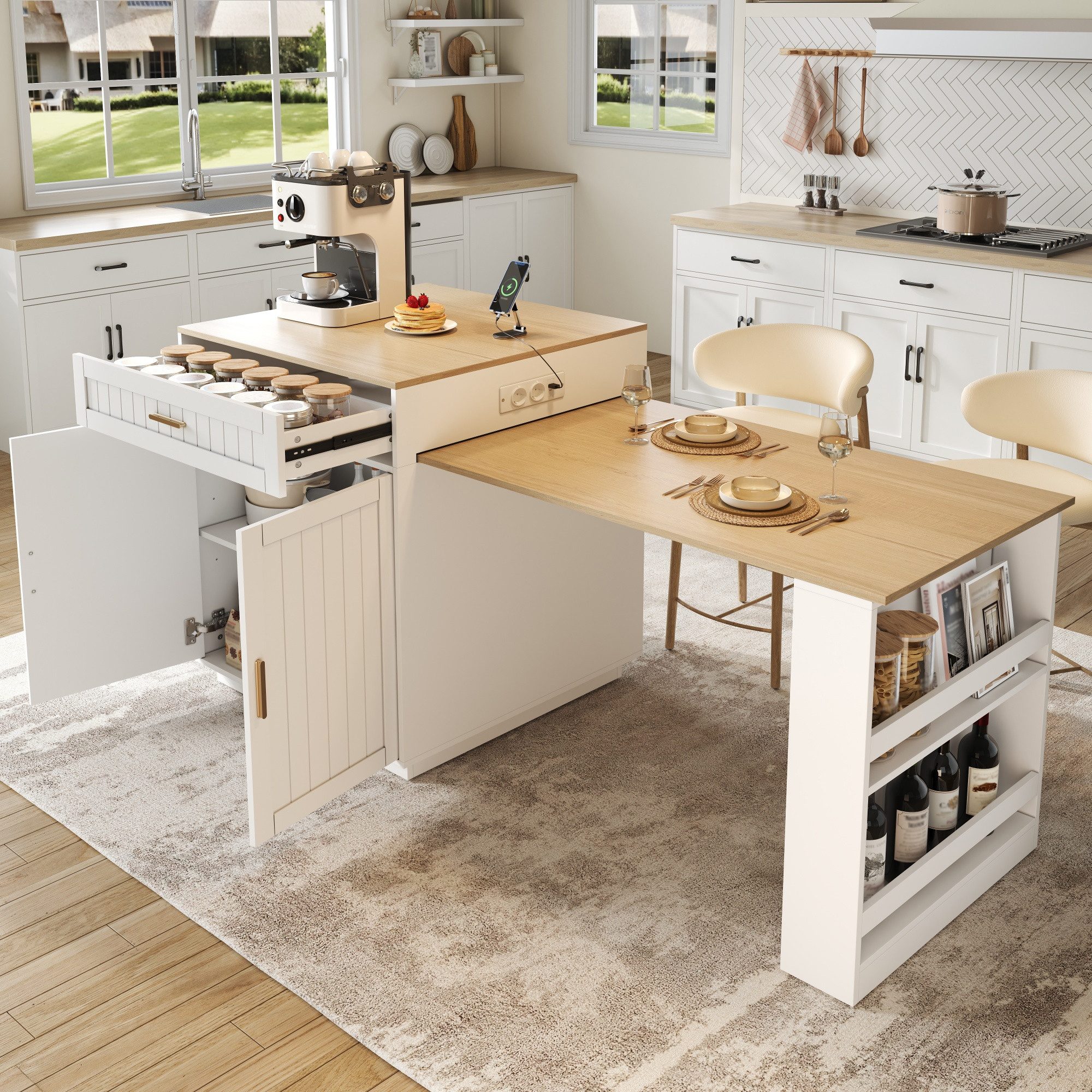 Flieks Kücheninsel mit Steckdosen & Arbeitsplatte inkl. ausziehbarer Esstisch mit Rollen, (verstellbare Länge 121,5-192x70x92 cm), Küchenschrank mit Schubladen & verstellbarer Einlegeböden Weiß