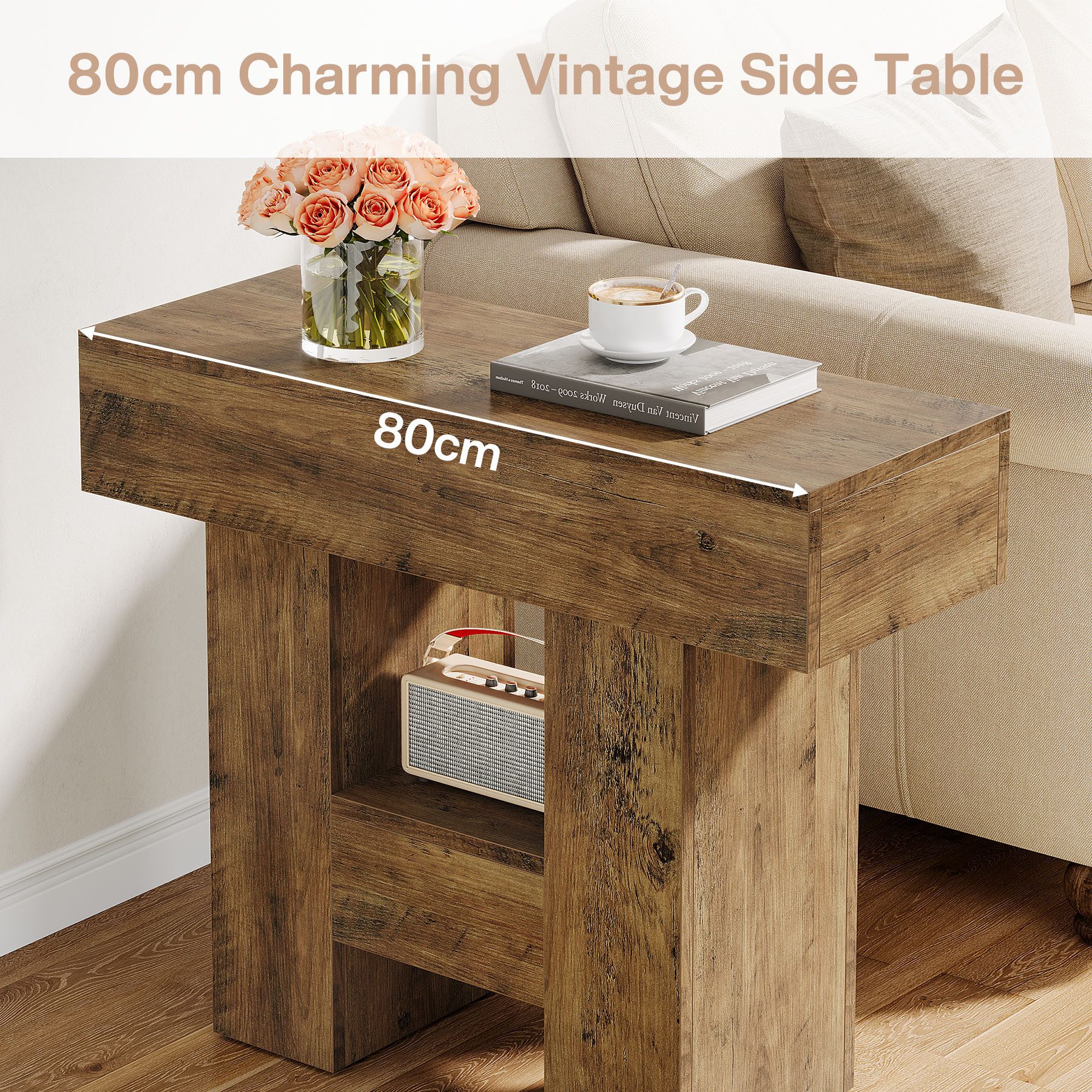 Tribesigns Beistelltisch Couchtisch mit 2 Ablagen, Sofatisch Schmaler Nachttisch Holz, Braun – Bild 5 von 5