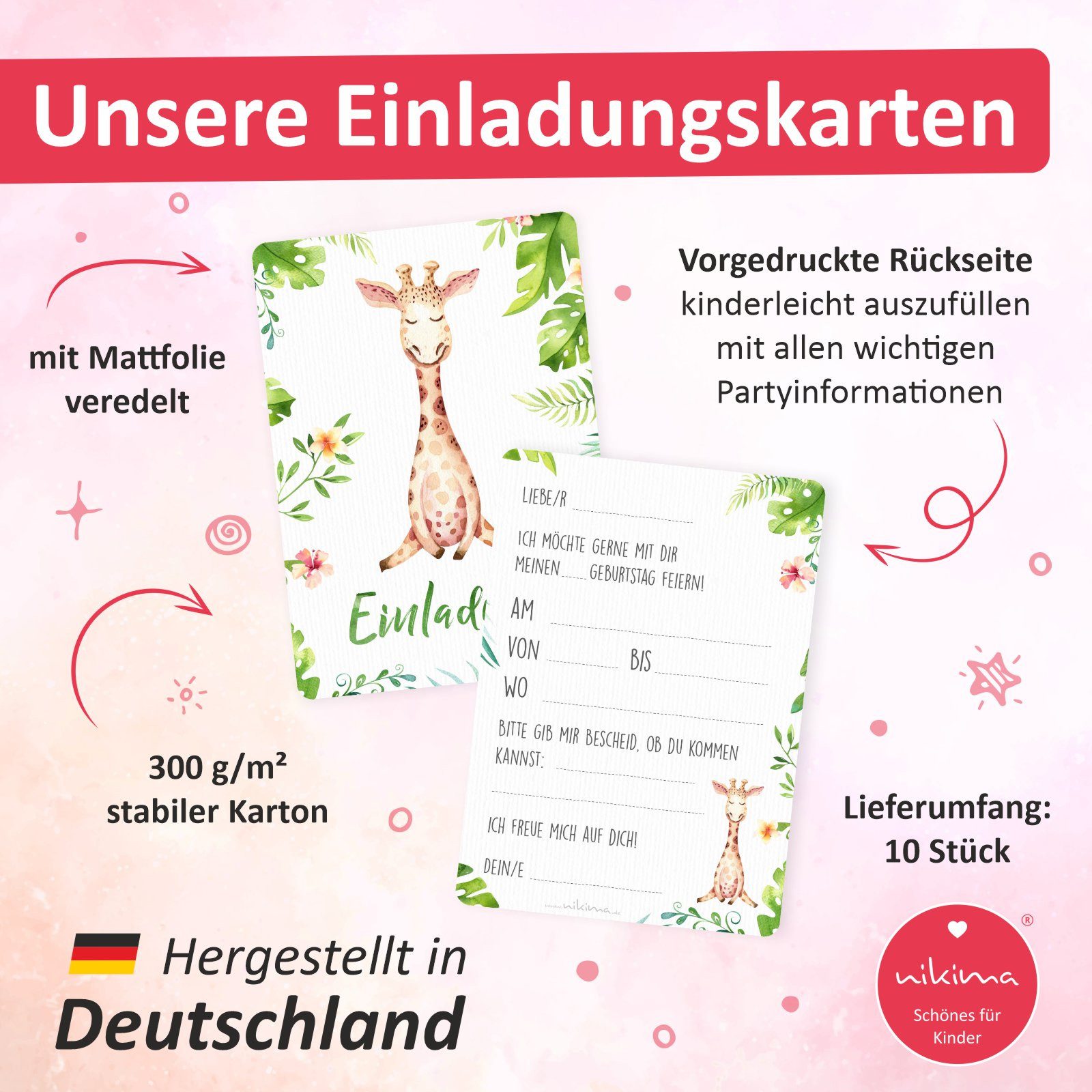 nikima Einladungskarten 10 Einladungskarten Giraffe für Kindergeburtstag