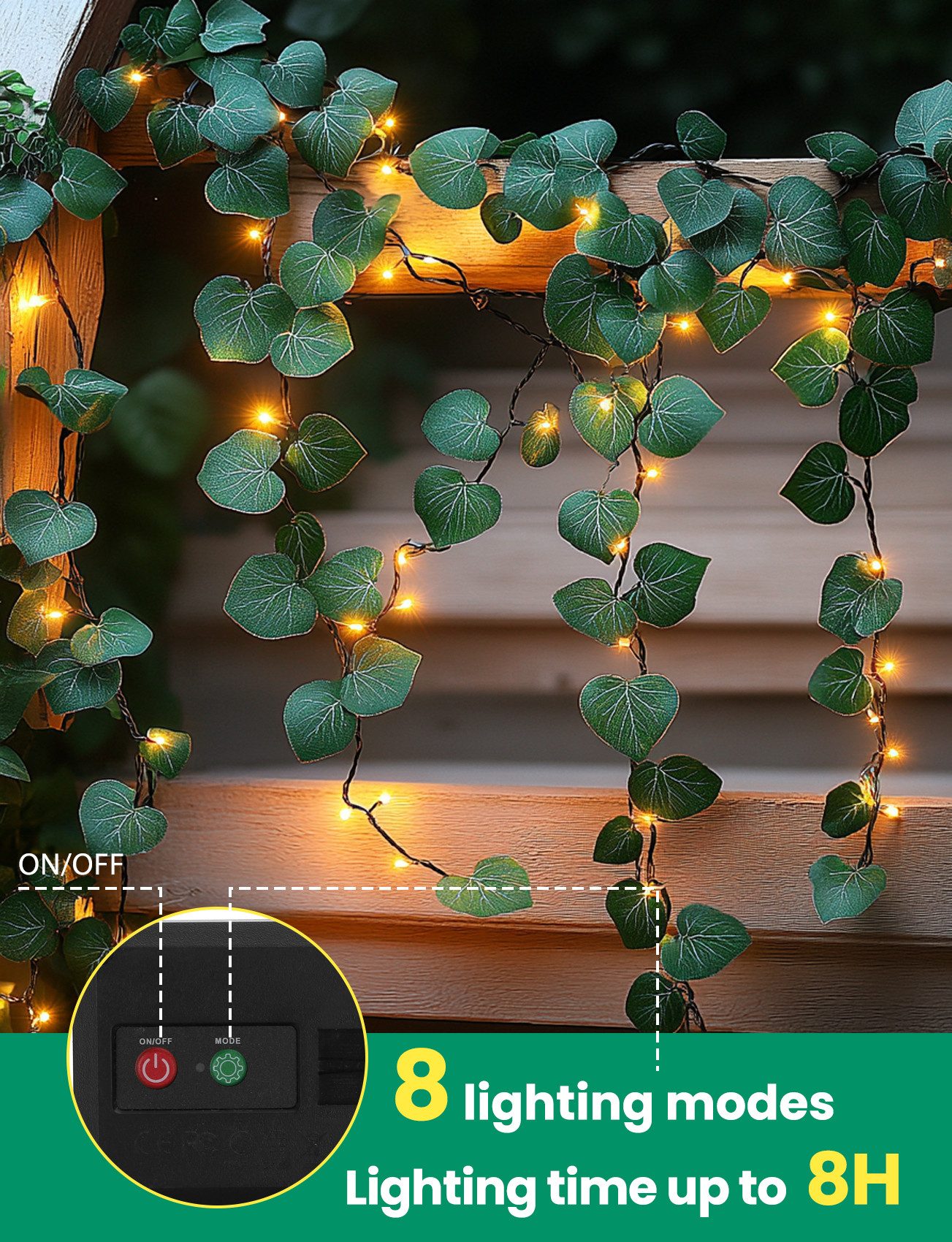 Aigostar LED-Lichterkette Lichterkette Solar Außen 12M 100LED Künstlicher Efeu Lichterkette IP65, 8 Lichtfunktionen