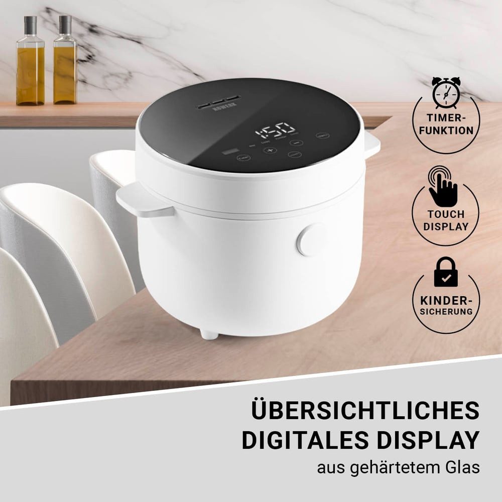 N8WERK Reiskocher Digitaler Reiskocher - weiß, 400 W, 2 Liter Fassungsvermögen, 5 Programme, Touch-Display