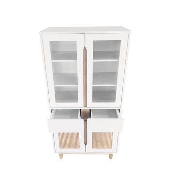 MODFU Highboard Schrank Vitrine (2 Türen aus Rattanimitat, 2 eingesetzten Türen aus Acryl), Aufbewahrungsmöbel für das Wohnzimmer, 128*35*70cm