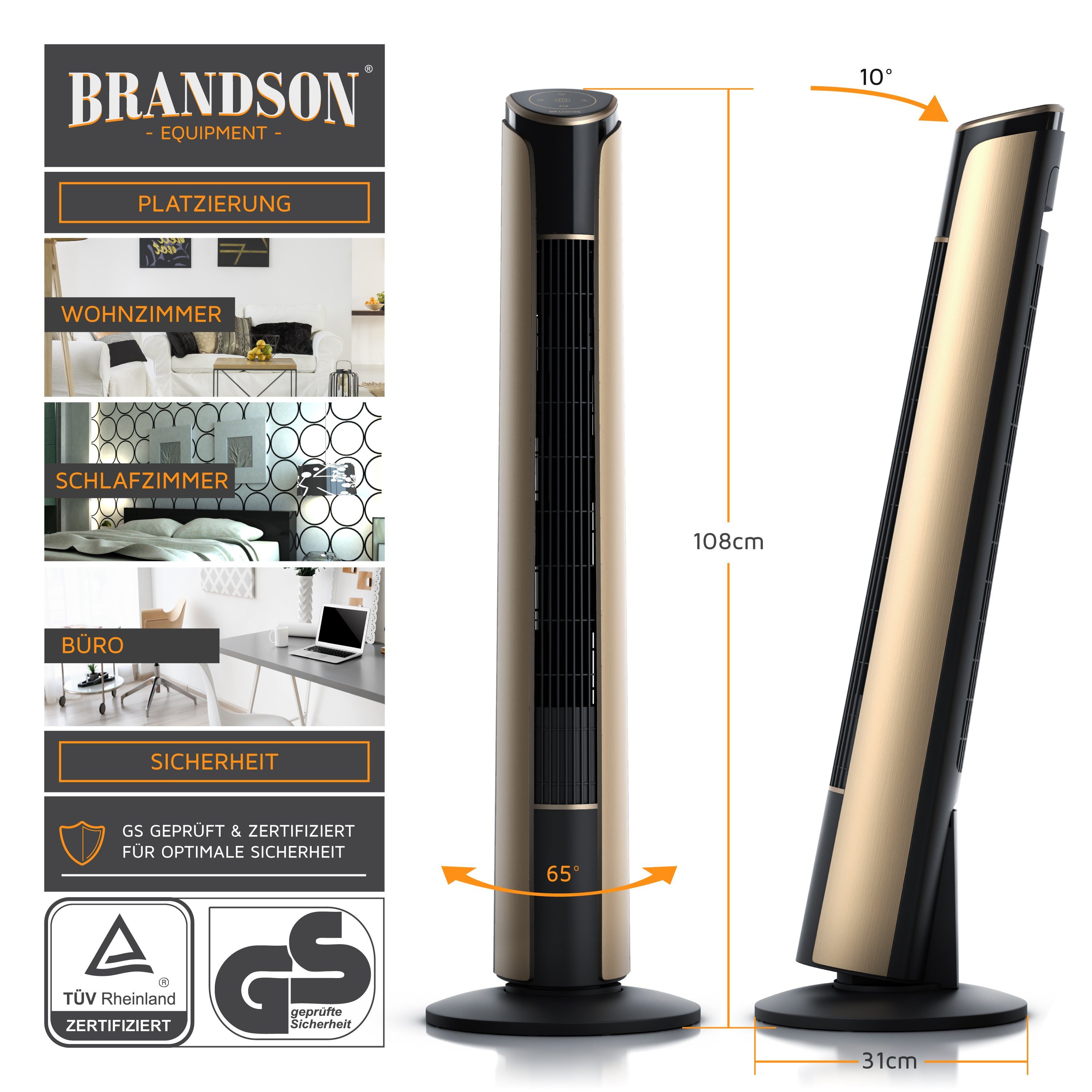 Oszillation, gold 10° 4 Brandson Turmventilator, neigbar, Modi, 108cm Fernbedienung, Standventilator