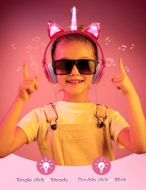 ONTA Einhornhorn, An- und Ausschalter Kinder-Kopfhörer (Das universelle 3,5 mm Audio-Kabel ermöglicht vielseitigen Einsatz, Verwendung umweltfreundlicher Materialien, Leuchtenden LED-Katzenohren,Größenverstellbare optimalen Kopfkomfort)