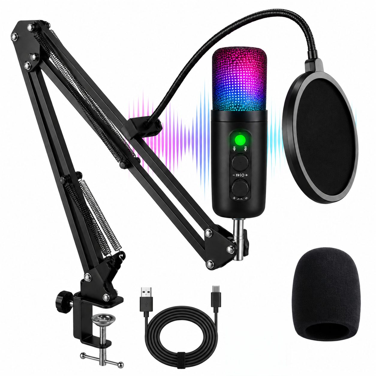 Fyrove Streaming-Mikrofon RGB USB Mikrofon Set 7-tlg.–Kondensator Streaming Mikrofon (für Gaming, Podcast & PC mit Geräuschreduzierung), Stummschaltung, Kopfhörer Monitoring und USB-C Adapter