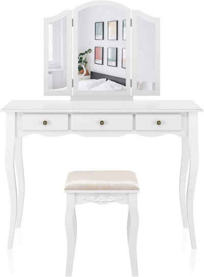 HOMECHO Schminktisch, Frisiertisch Weiß mit Abnehmbarer Spiegel und Hocker Frisierkommode für Schlafzimmer 108 x 45 x 134 cm