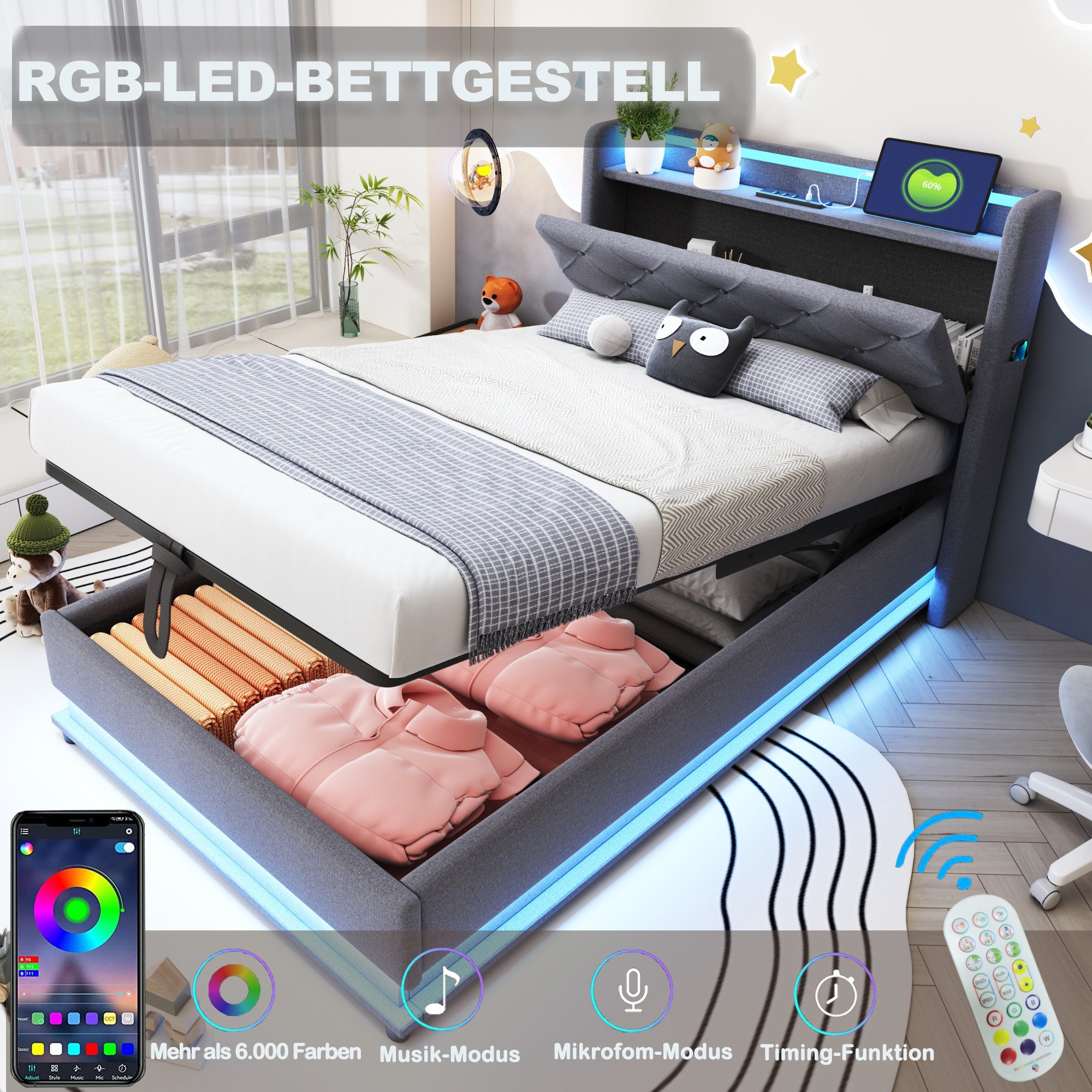 REDOM Polsterbett LED Doppelbett mit USB-Ladeanschluss und Hydraulischer La günstig online kaufen