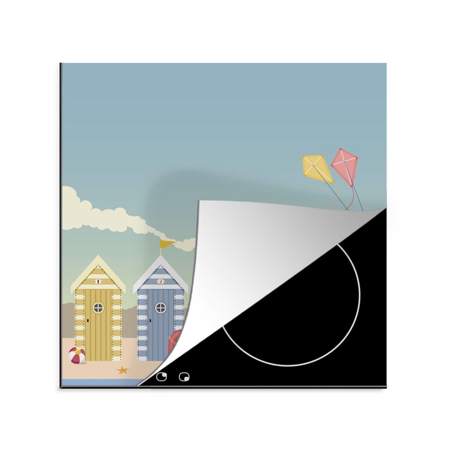 MuchoWow Herdblende-/Abdeckplatte Eine Illustration von farbigen Strandhäusern, Vinyl, (1 tlg), 78x78 cm, Ceranfeldabdeckung, Arbeitsplatte für küche