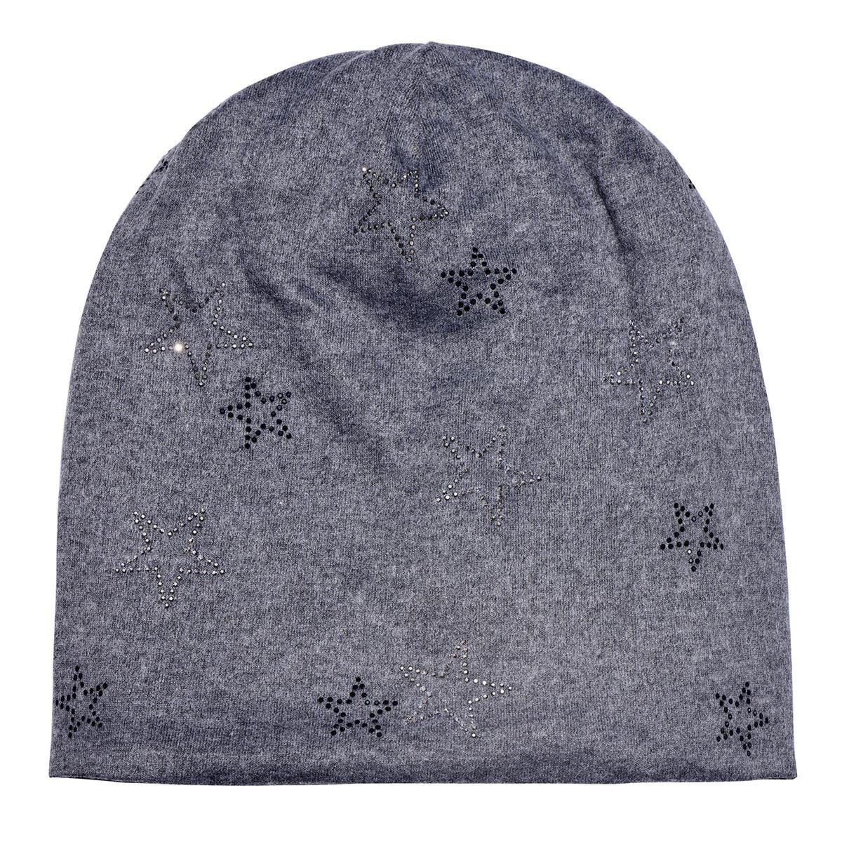 1-St) Sternenprint, mit Beanie Strass- Print DonDon Damen Teddyfleece schwarz-silber-grau (Packung, Slouch oder Beanie Wintermütze, Pailletten-, mit