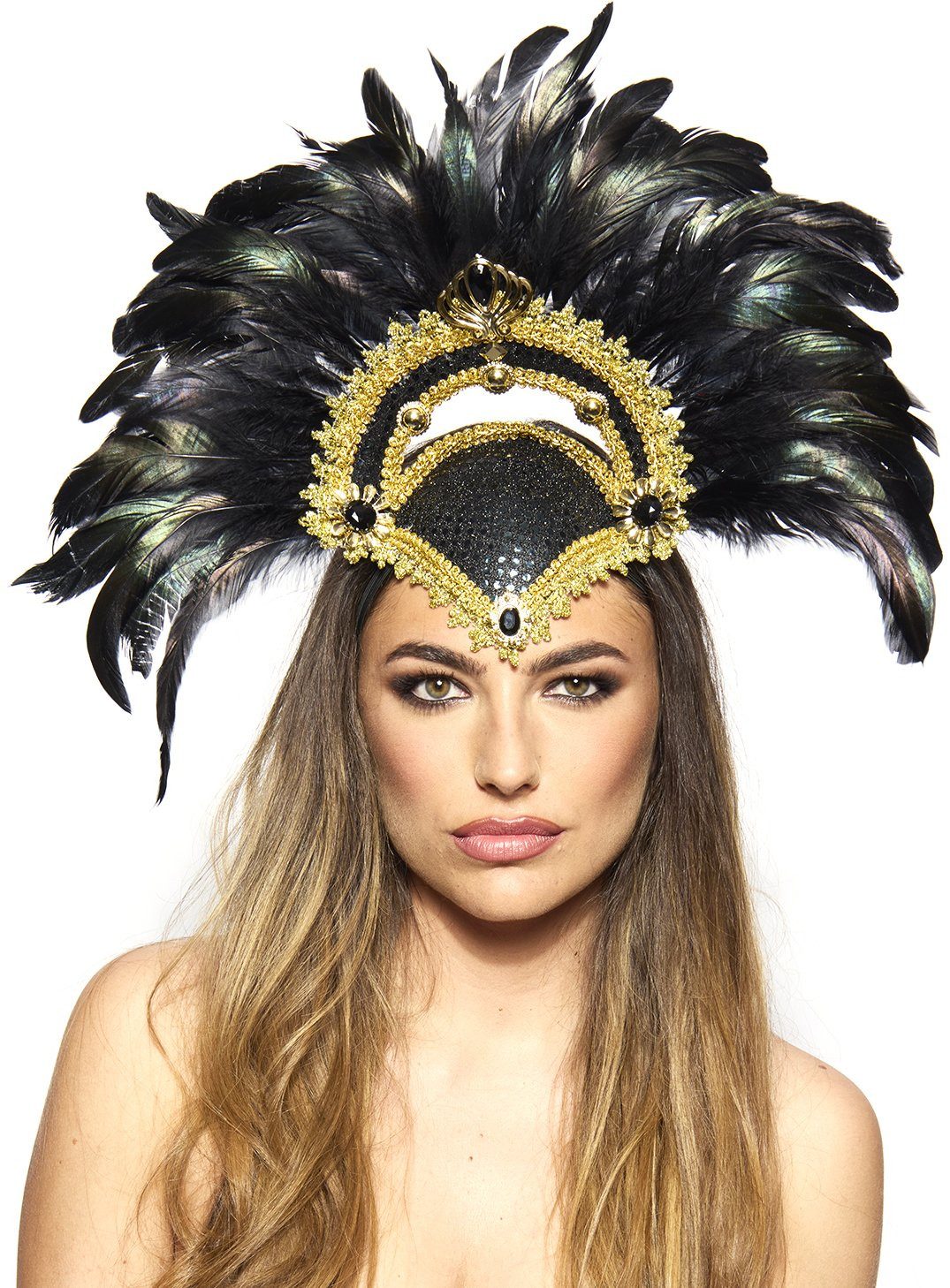 Metamorph Kostüm Casino Showgirl Kopfschmuck schwarz, Federpracht für Showtanz und Samba