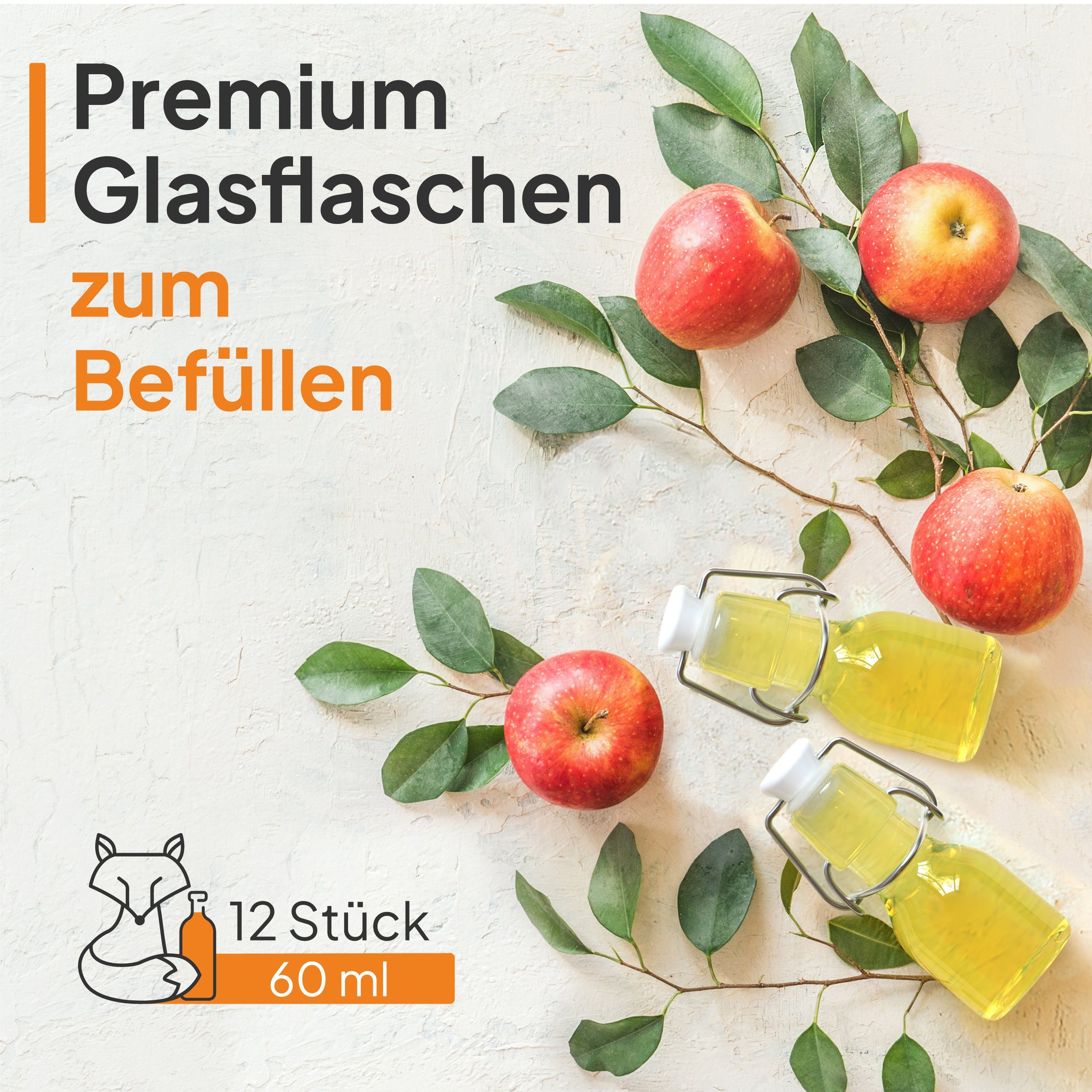 60ml Flaschen Flaschen-Fuchs Vorratsglas Glas, Befüllen Bügelverschluss Schnaps (12er zum Set) Likörflaschen,