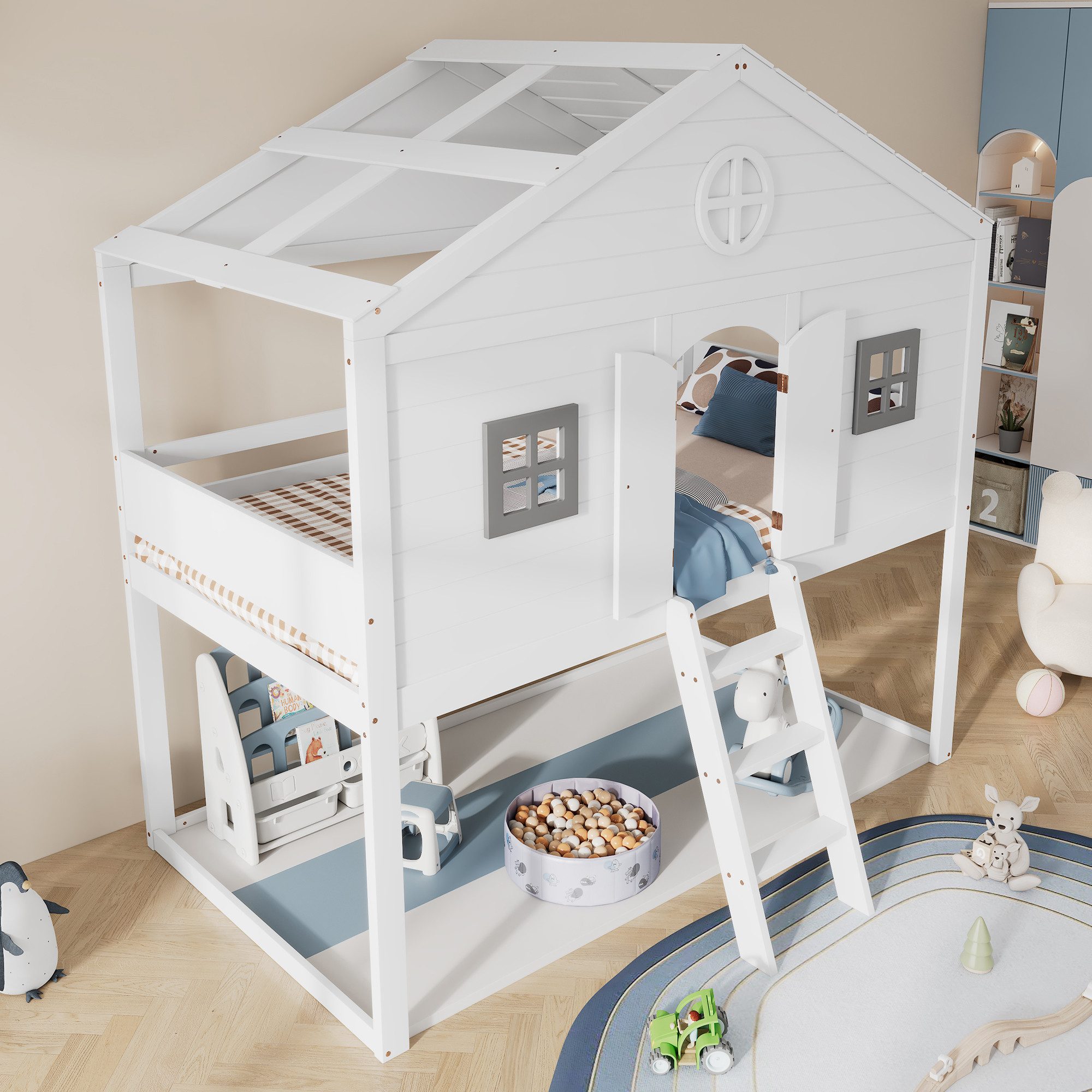 Odikalo Kinderbett Hausbett Unterbett Treppe Fallschutz Gitter Fenster Kief günstig online kaufen