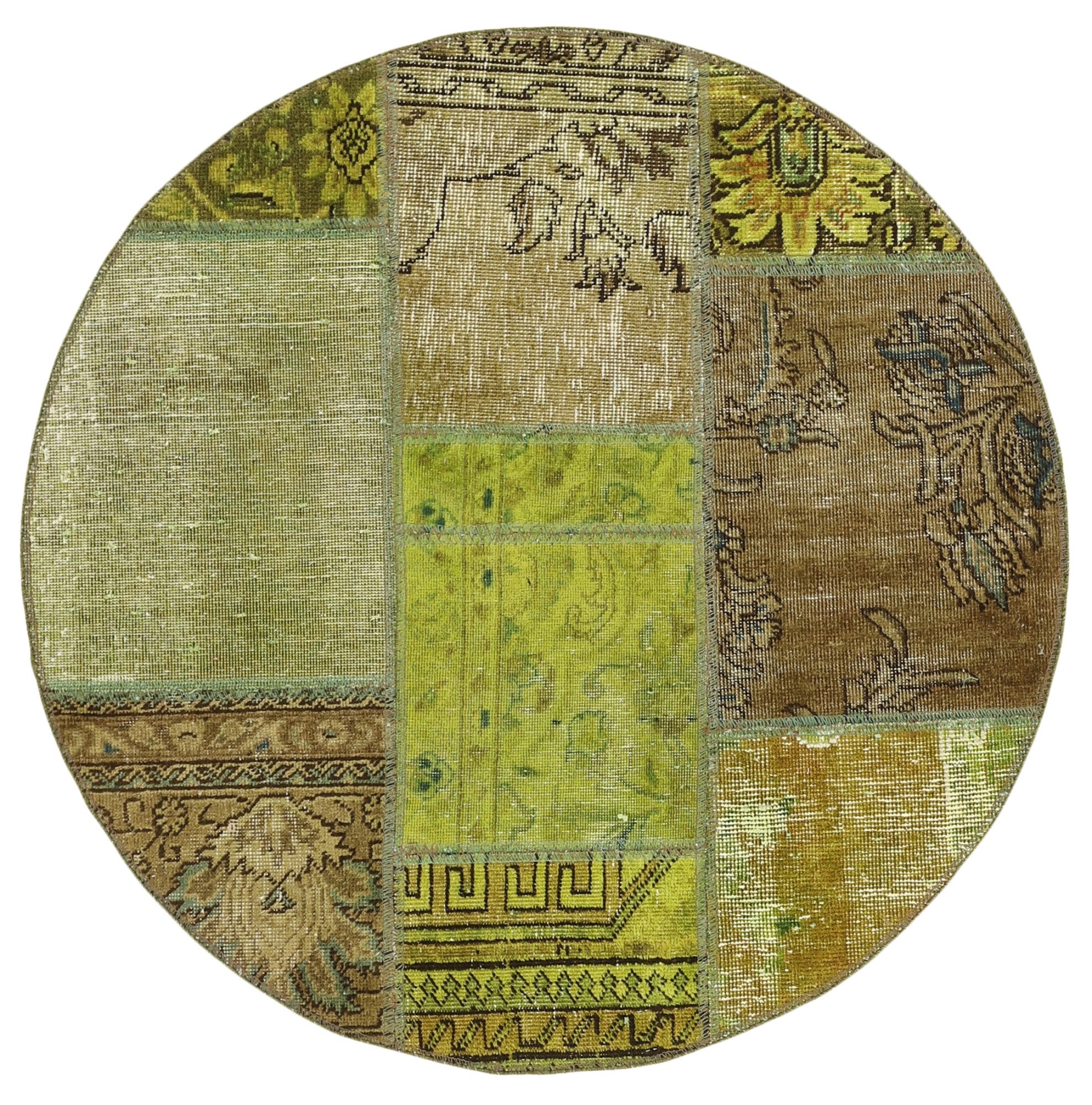 Wohnando Teppich MY-RUG Vintage Patch Work Floral & Ornamentiert 100x100cm, Rund, Höhe: 10 mm, Handgeknüpfter Teppich,Handgesponnene Wolle, mit Naturfarben gegärbt