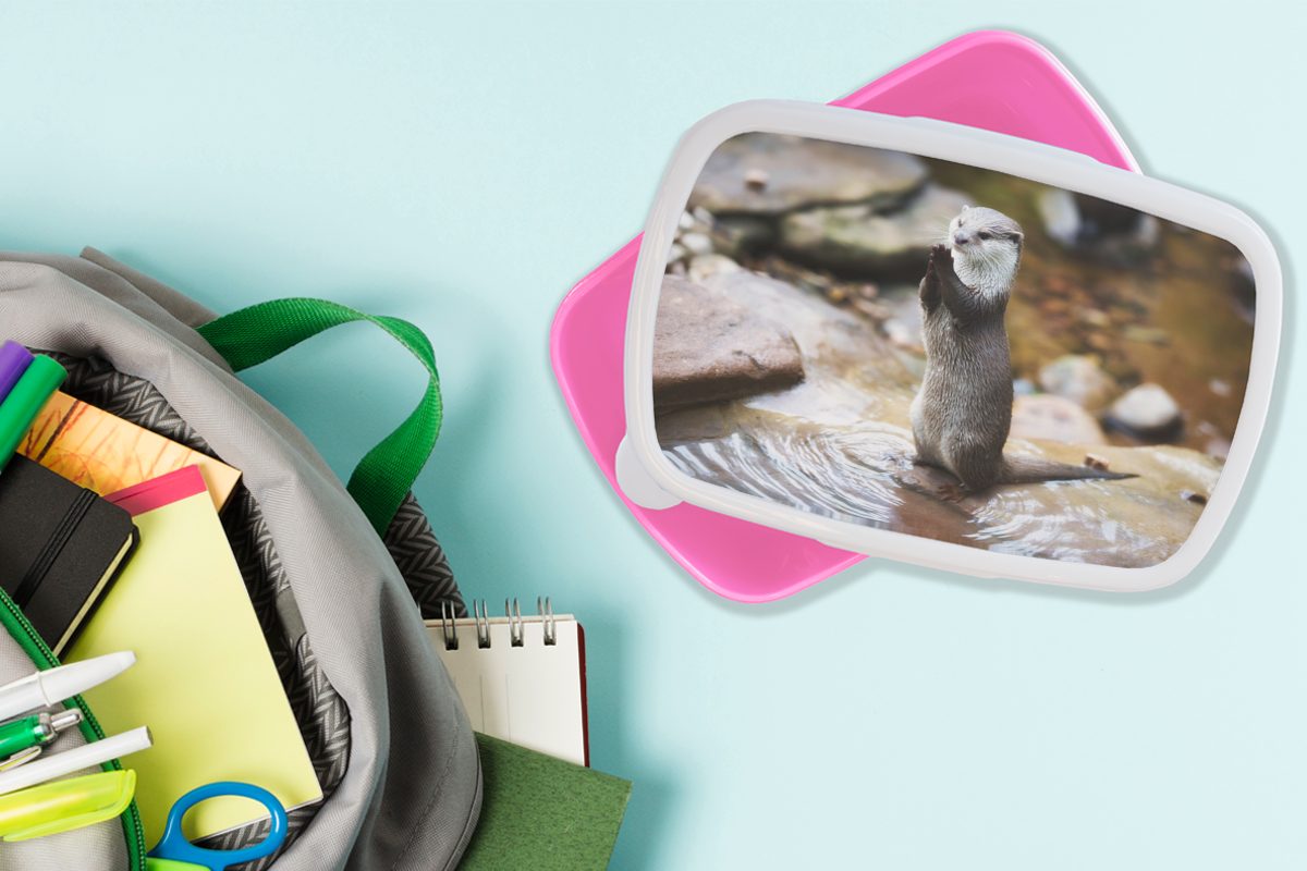 Kunststoff, Lunchbox aufrecht, MuchoWow Brotbox Kinder, Mädchen, (2-tlg), für steht Brotdose Kunststoff Otter Erwachsene, rosa Snackbox,