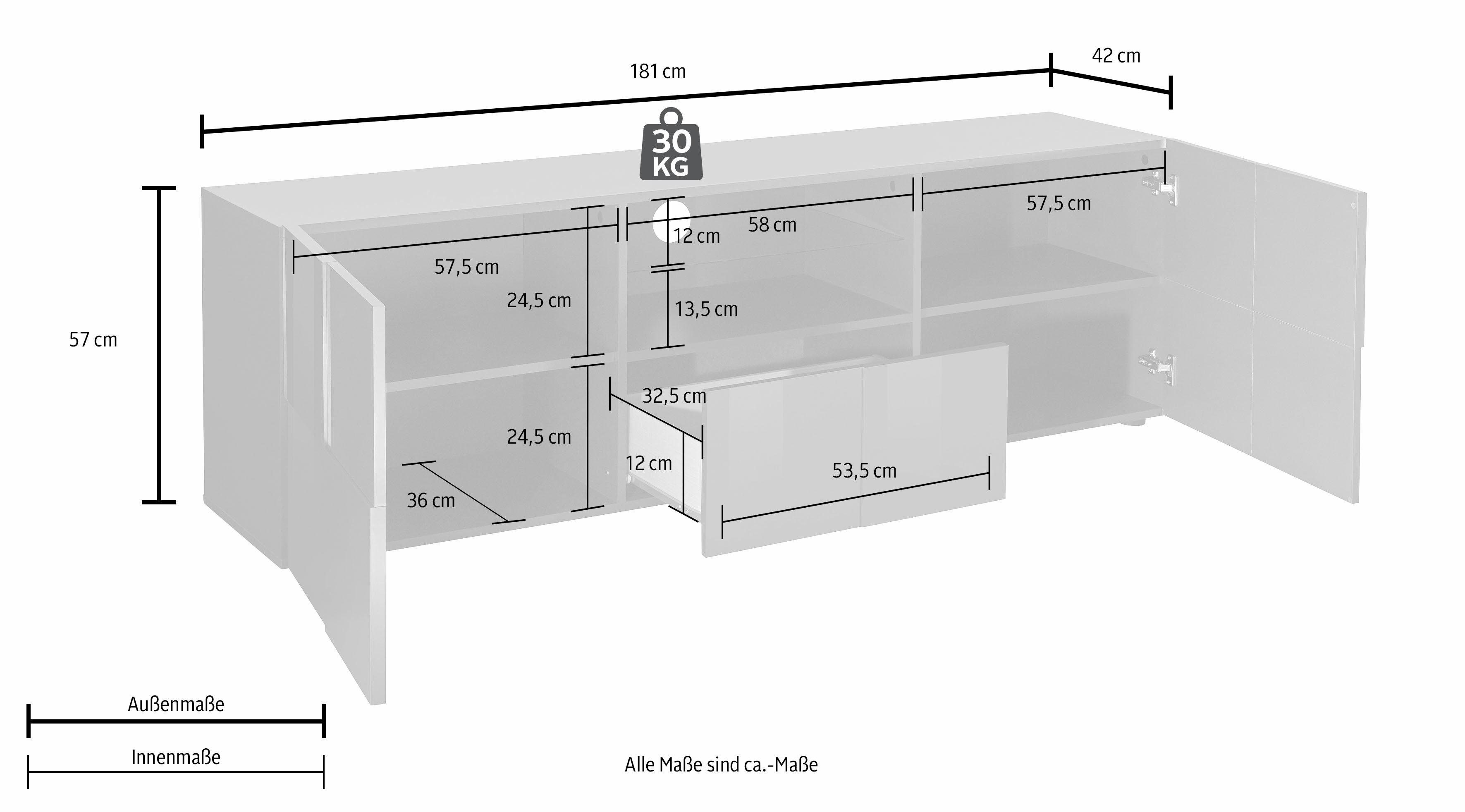Home affaire Lowboard Dama Breite 181 cm, TV-Board 2 Türen, 1 Schubkasten, TV-Schrank, Front in 3D-Optik, viel Stauraum, verschiedene Farben