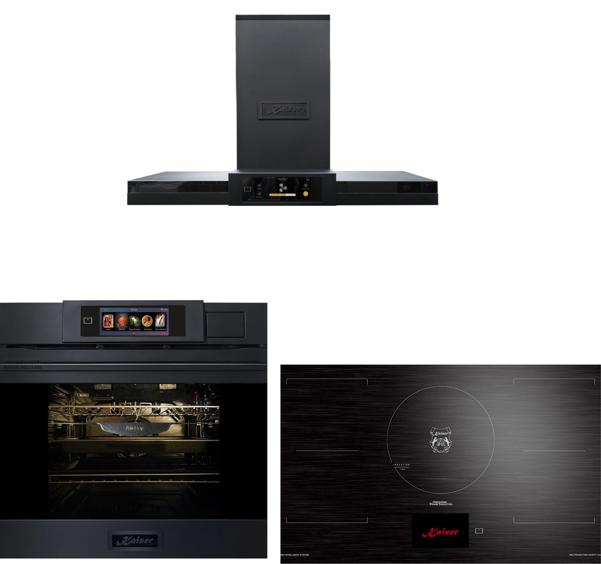 Kaiser Küchengeräte Backofen-Set Herd Set Autark Einbaubackofen XXL Multi 37,Multifunktions-Elektro-Dampfbackofen mit Dampfreinigung, 60 cm+Induktionskochfeld 90 cm TFT Display+Dunstabzugshaube 90 cm TFT Display 1100 m3/h EH 6341+KCT 9140 FI +AT 9342, mit 1-fach-Teleskopauszug
