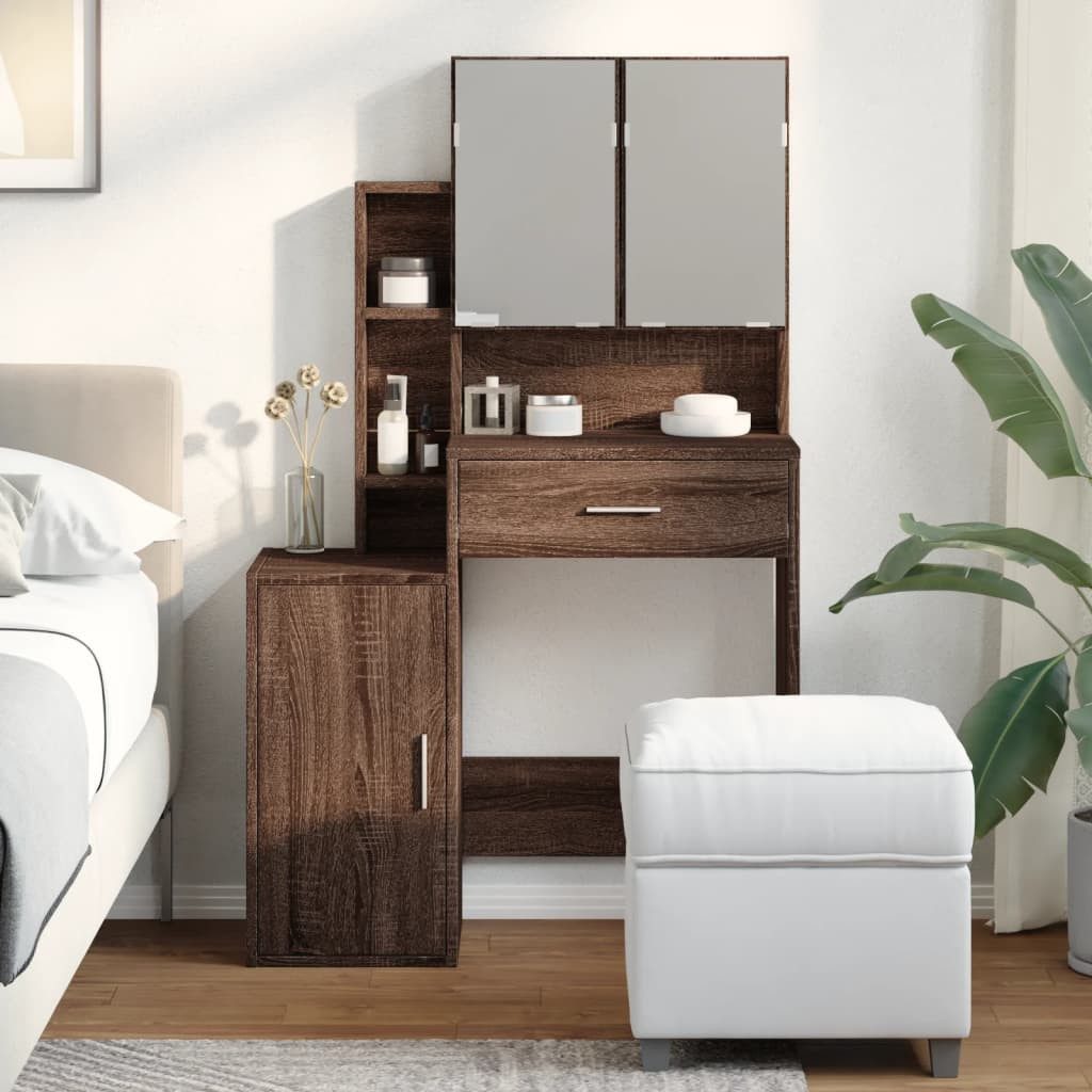 furnicato Schminktisch 80x35x132 cm Braun Massivholz-Optik mit Spiegel und (1-St), Toilettentisch mit 8 Fächern, 1 Schublade und Spiegel für Schlafzimmer