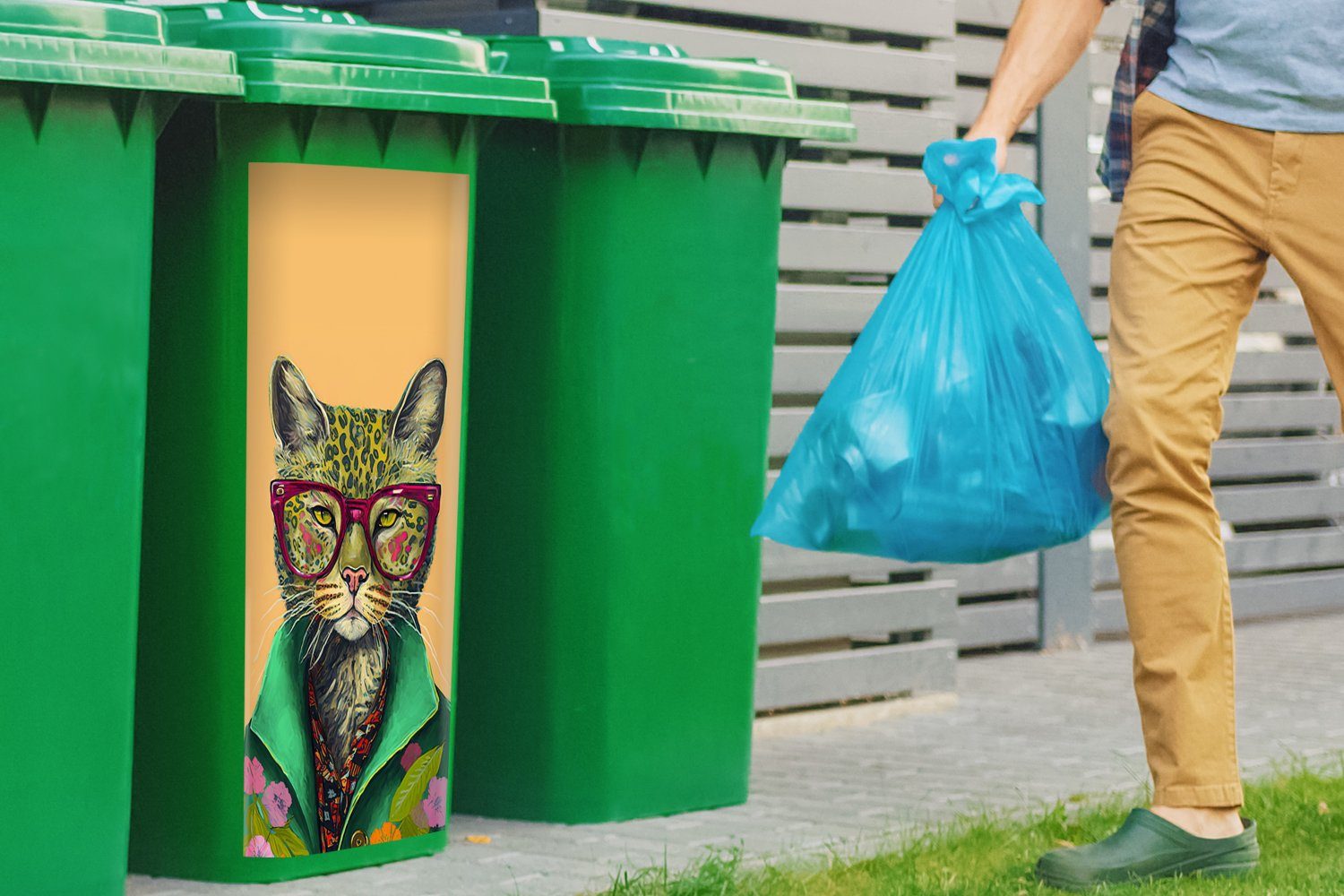 - Katze Mülltonne, Hippie Brille Blumen Sticker, Wandsticker Abfalbehälter Container, MuchoWow - - Tiere Mülleimer-aufkleber, - St), (1