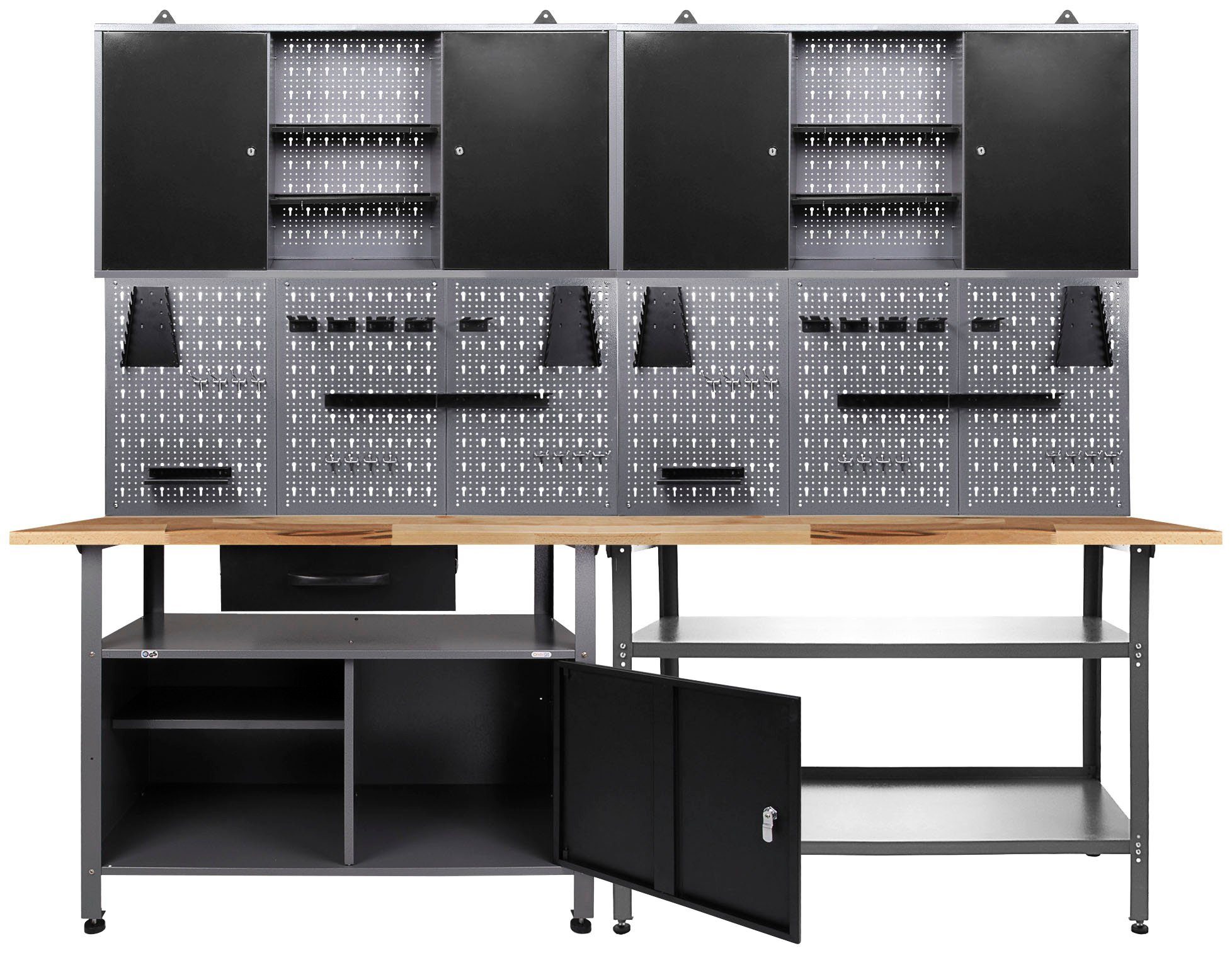 ONDIS24 Werkstatt-Set Nobbi & Klaus, 240 cm, 2x Werkzeugwand aus Metall mit  Hakensortiment - je ca. 1,21 m breit