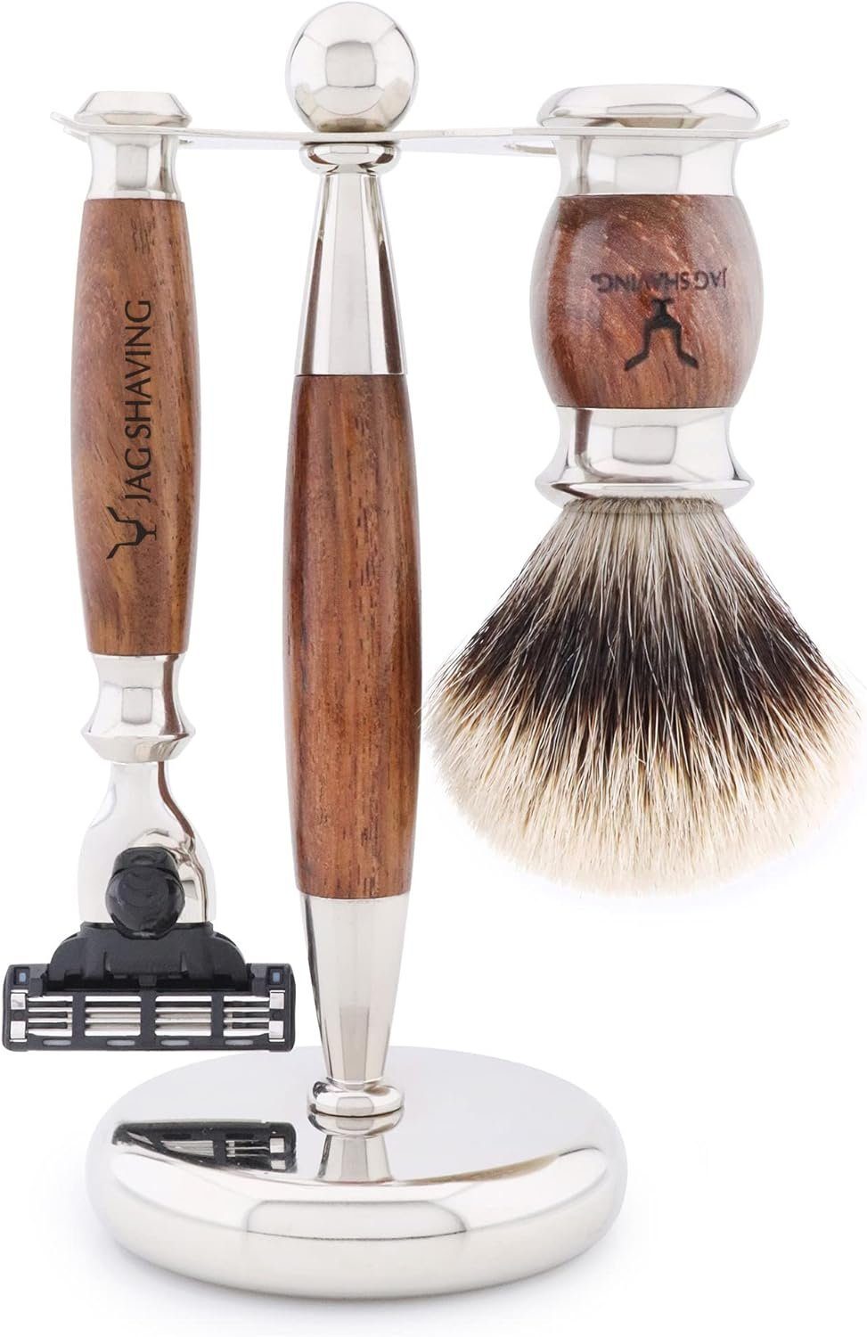 JAG SHAVING Rasierpinsel-Set 5-teiliges Rasierset – Rasierpinsel aus Kunsthaar mit silberner Spitze, 5 tlg.
