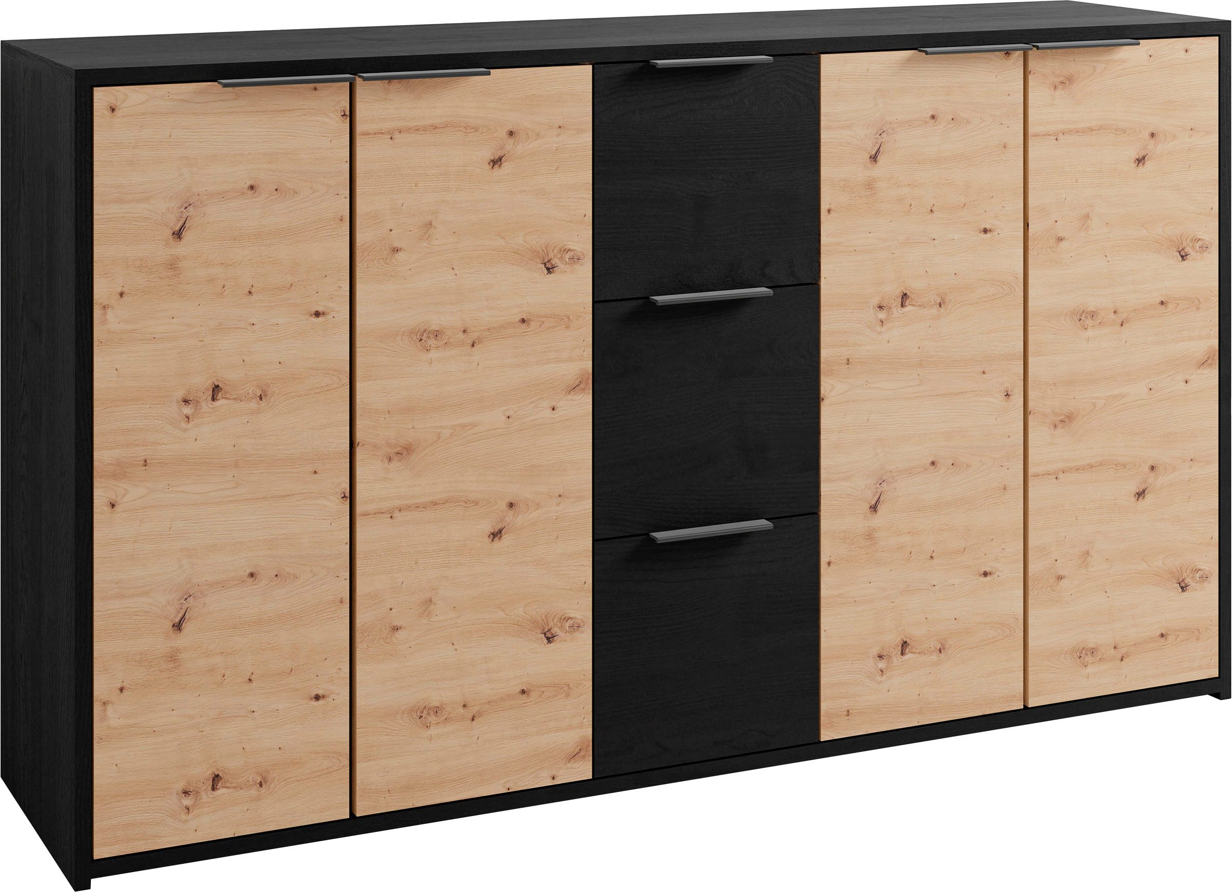 byLIVING Sideboard Rimini, Melamin Eiche schwarz und Artisan Eiche, 3 Schubkästen, 4 Türen