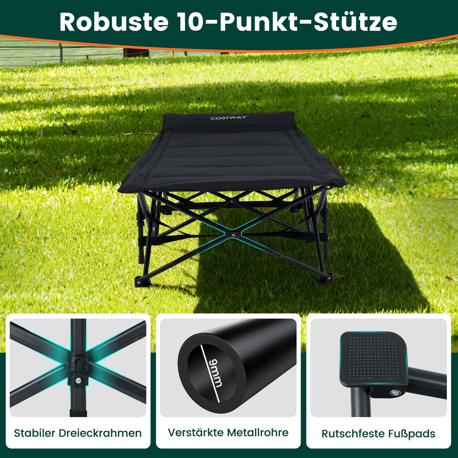 COSTWAY Campingliege Campingbett klappbar mit 10-Punkt-Stützen, Feldbett