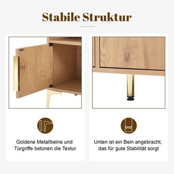 WISHDOR TV-Schrank Holz-TV-Ständer, 4-türiger TV-Schrank mit 2 offenen Fächern (für Wohnzimmer, für Fernseher bis zu 65 Zoll, 147 x 40 x 64 cm (L/B/H)