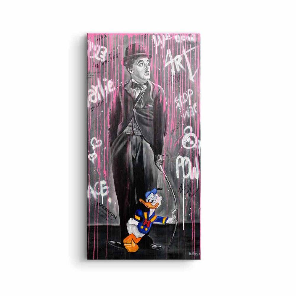 Art Donald mit Chaplin Duck DOTCOMCANVAS® Charlie goldener Pop Leinwandbild premium Leinwandbild, Rahmen Rahmen