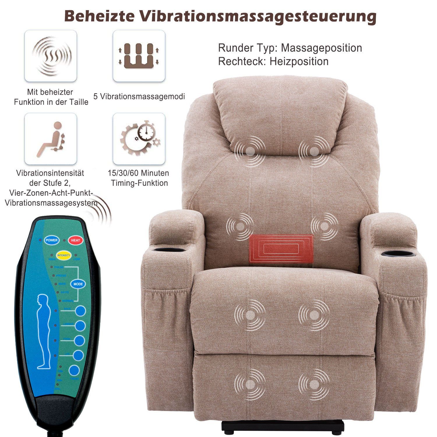 TV-Sessel (Liegefunktion, Wärmefunktion und Vibrationsmassage), Fernsehsessel mit Aufstehhilfe, bis zu 130 kg belastbar