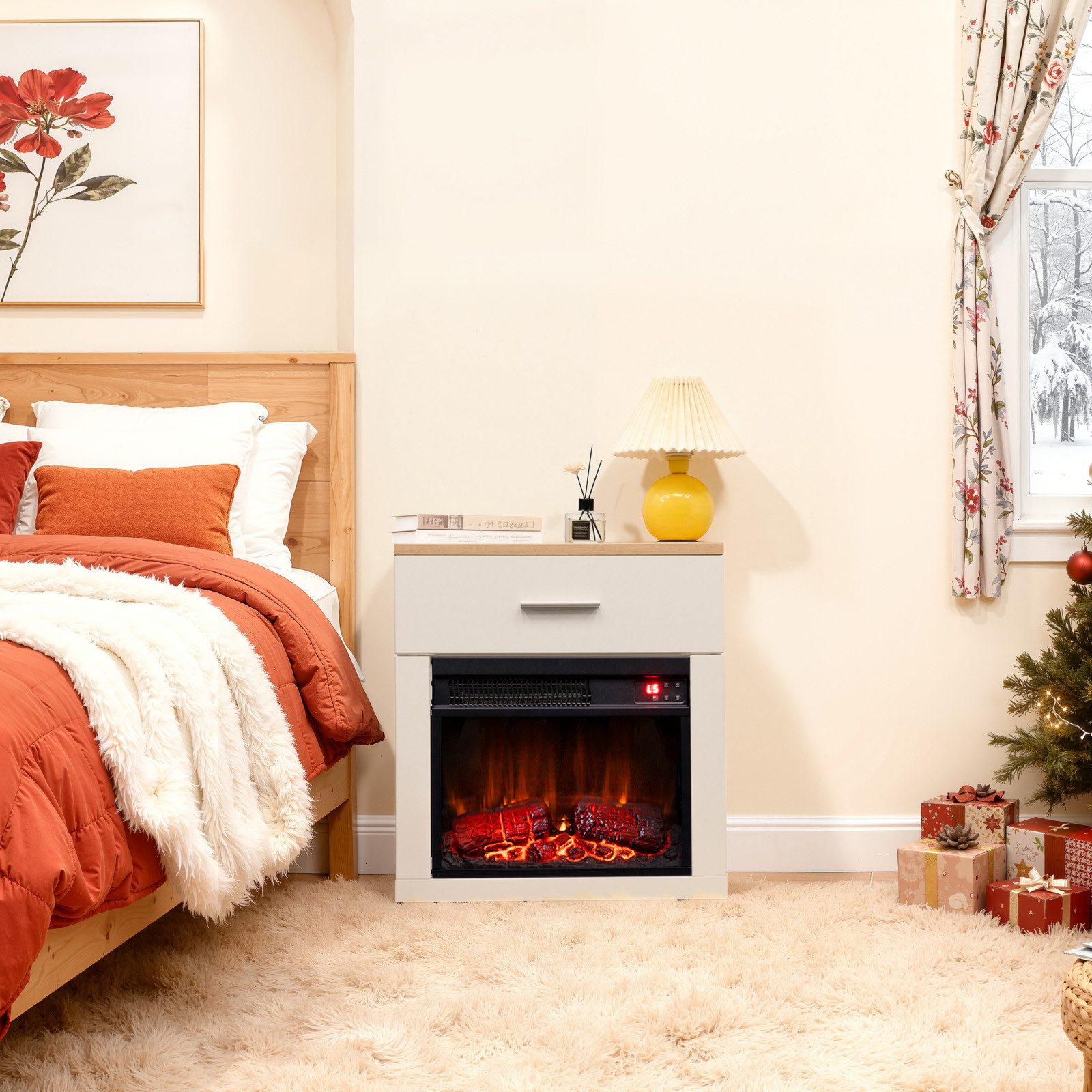HOMAVO Elektrokamin mit Nachttisch, 14" 1000W Heizung, 3D-Flammeneffekt, Fernbedienung, Schrankgröße:43.5 x 29.5 x 47cm, Überhitzungsschutz, Timer