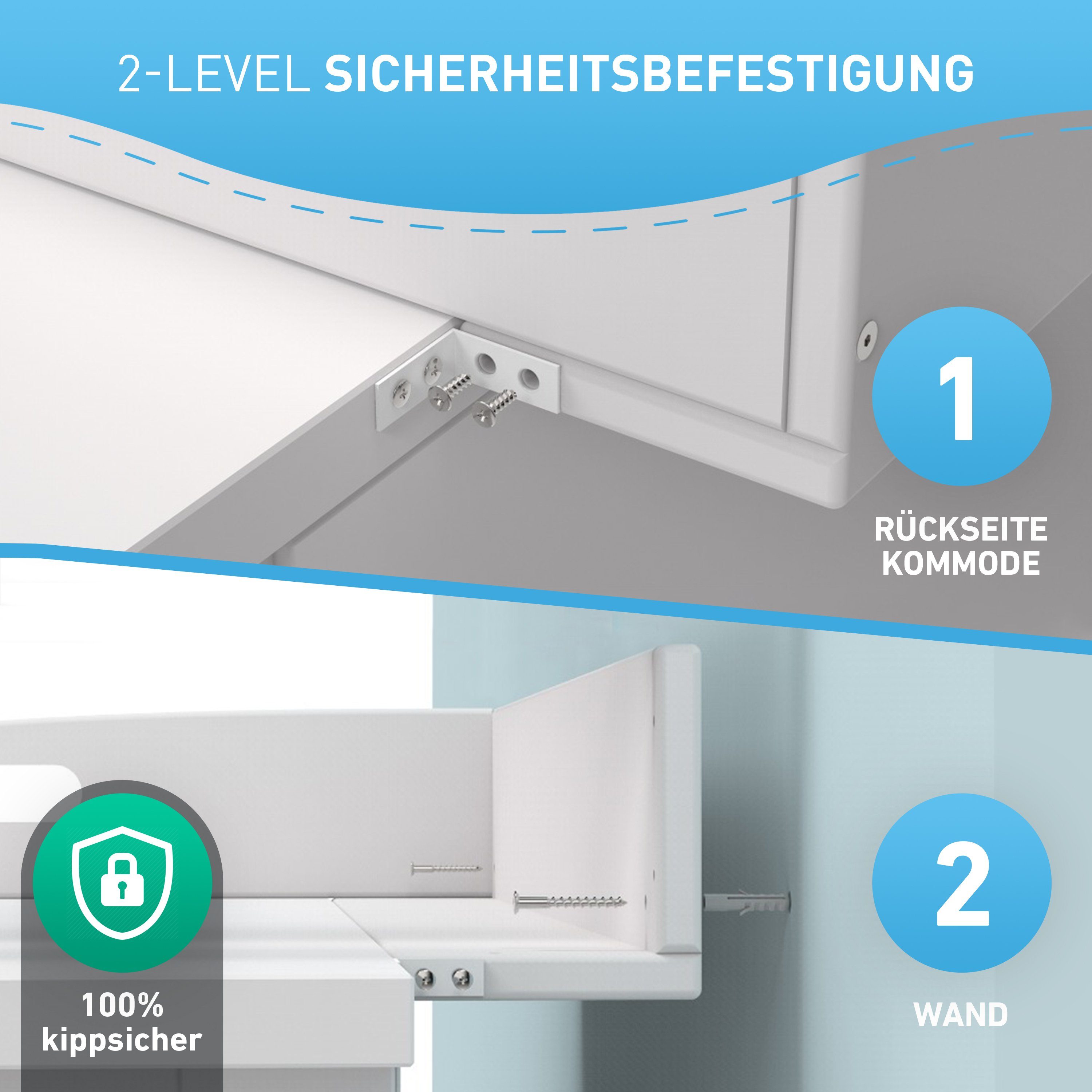 Kommode 2-Stufen-Sicherheit für an Wickelaufsatz Wand und FLIPLINE® Kommode Hemnes [85x75x13cm], INKL. IKEA