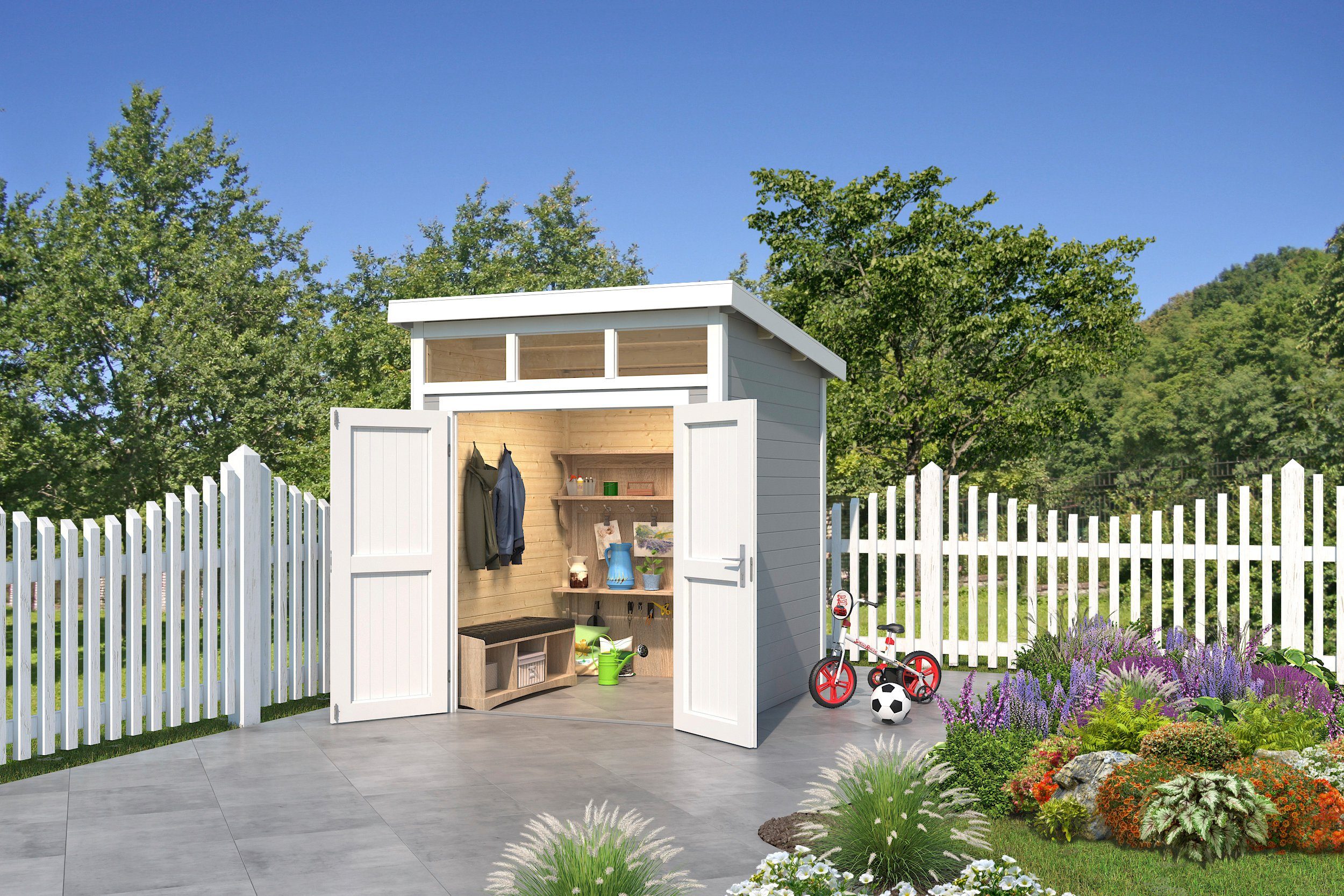 Thumbnail - LASITA MAJA Gartenhaus Kibo 1, BxT: 200x200 cm, Blochbohlenhaus 28mm, Fundamentmass 2000x2000, Lichtgrau
