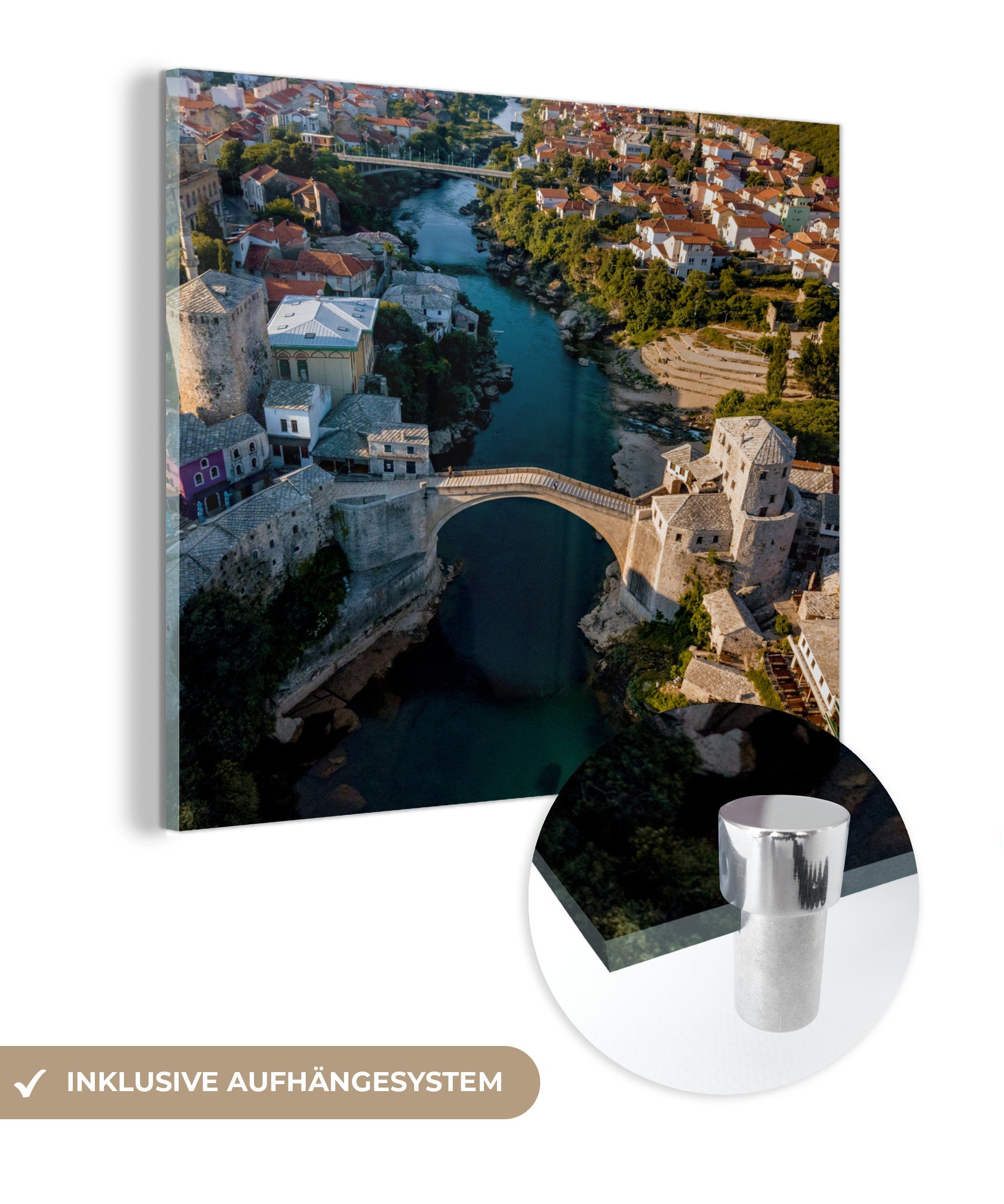auf Glasbilder auf Bosnien Die MuchoWow Foto St), und (1 Stari-Brücke Glas aus Acrylglasbild - - Vogelperspektive, in Wanddekoration Glas Wandbild Bilder - Herzegowina der