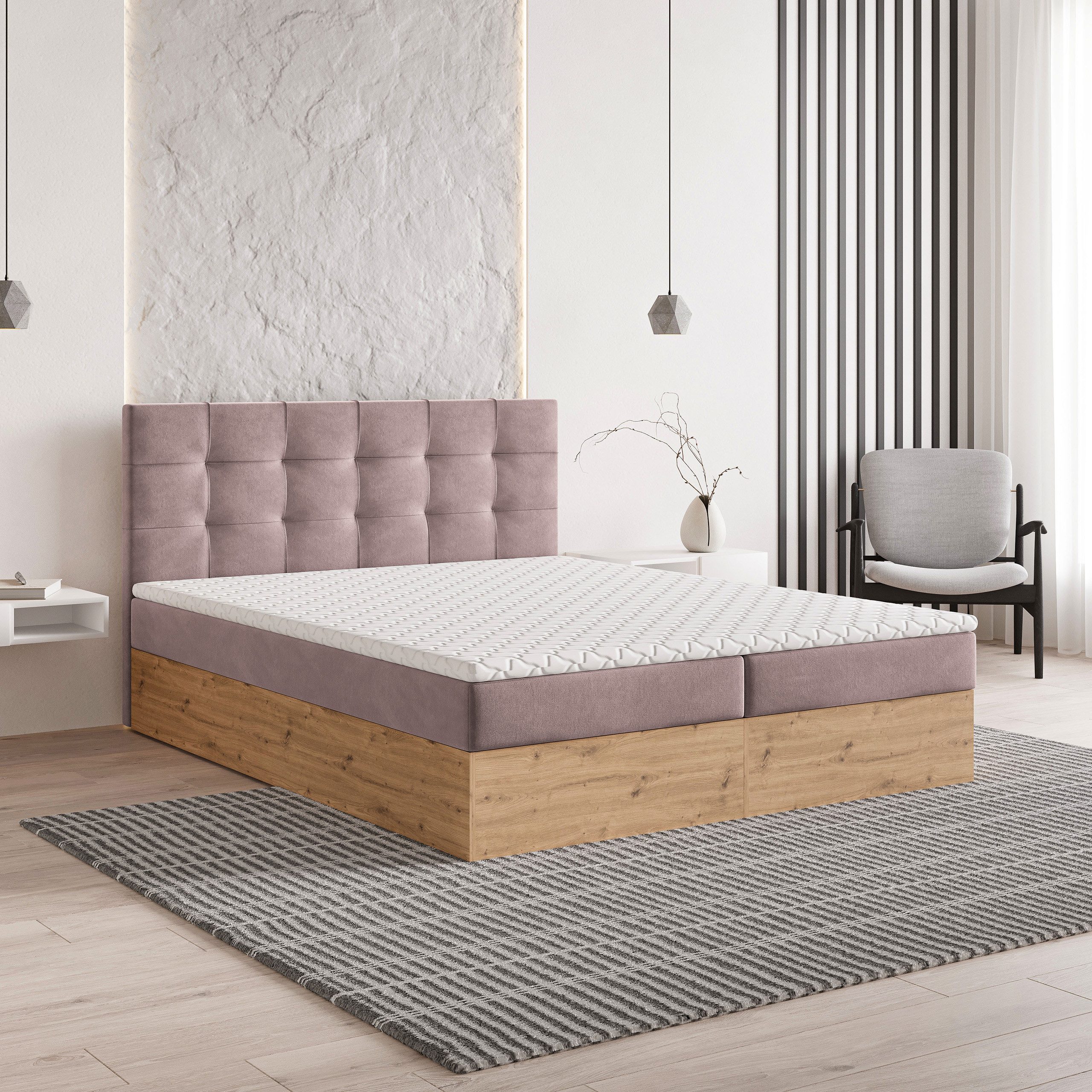 Masseno Boxbett MOLVEN 180x200 cm mit Bonell Matratze und Topper, Doppelbett, Polsterbett mit Kopfteil, Boxspringbett