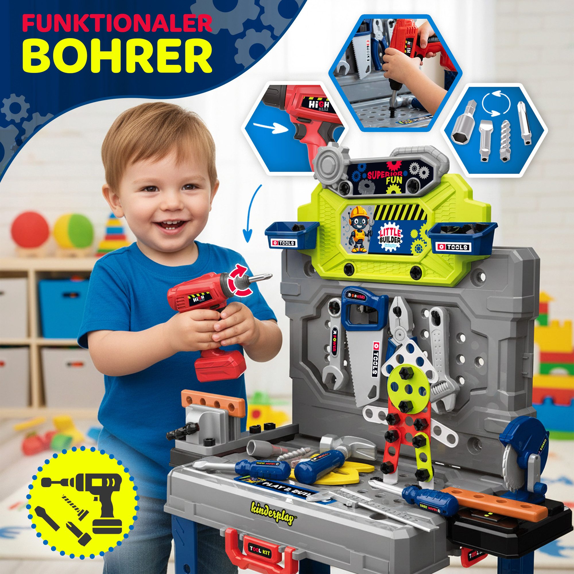 kinderplay Lernspielzeug Kinder Werkbank mit Bohrmaschine – Lernspielzeug – 2in1 Set