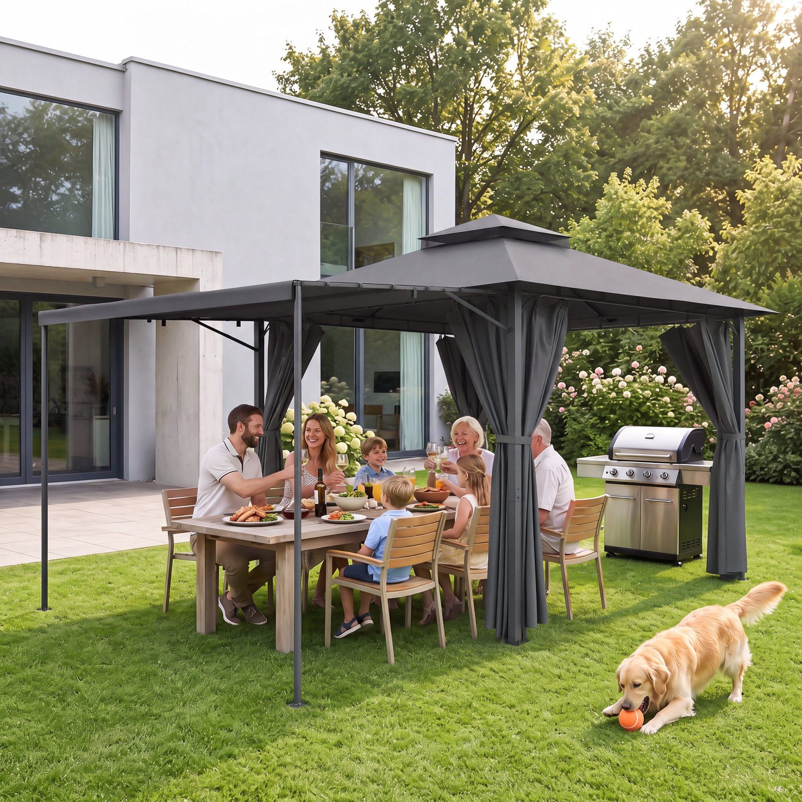 GUNJI Pavillon Doppellagiges Grillpavillon mit 1,8m Ausziehbarer Seitenmarkise, flexibel verstellbare Schattenflächen für Garten Terrasse Grillabend – Bild 2 von 5