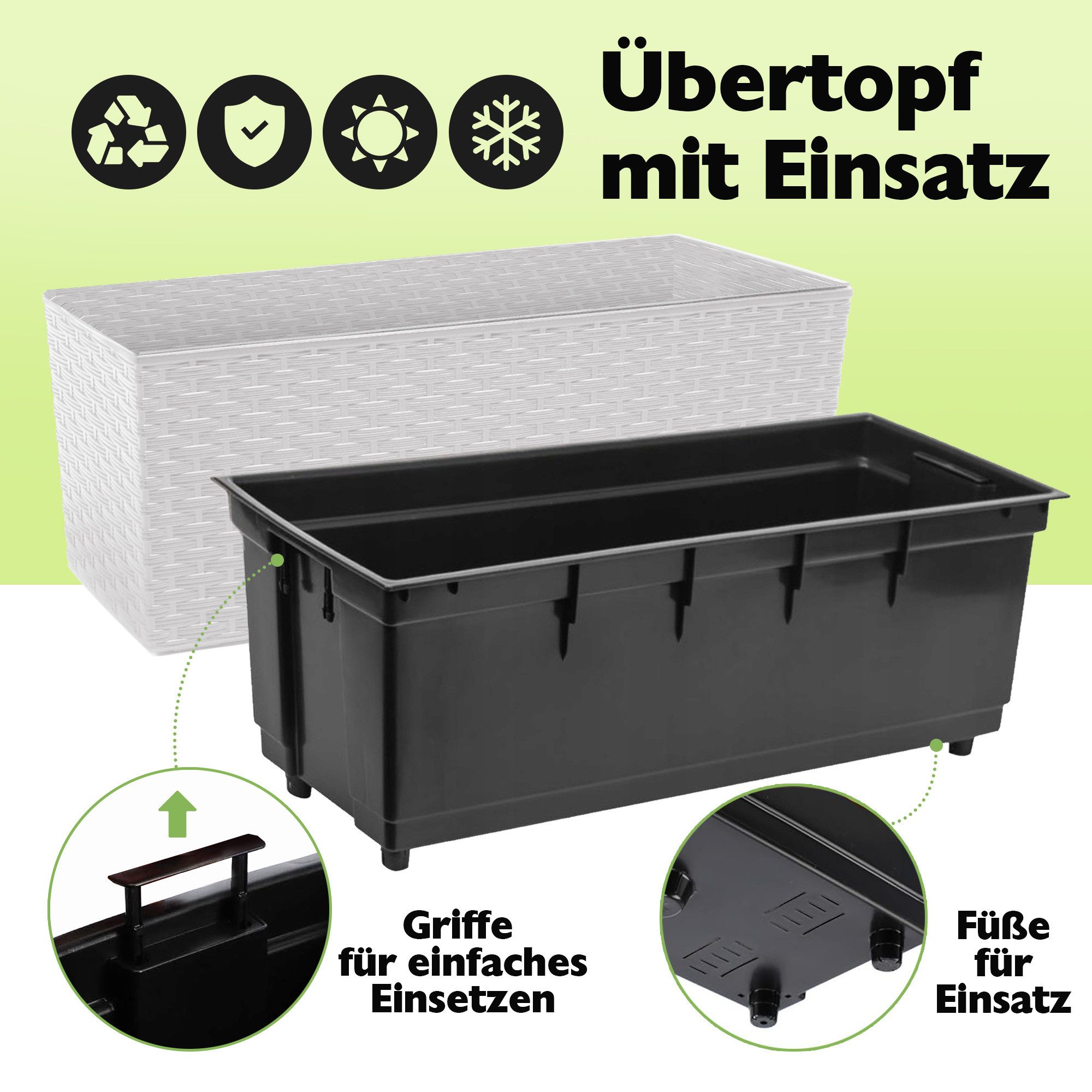 KONZEPT Balkonkasten Hochwertige Blumenkasten Rattan-Optikin, rechteckig 56 x 19 cm, Balkonkasten ideal fur Balkon, Terrasse, Fensterbank