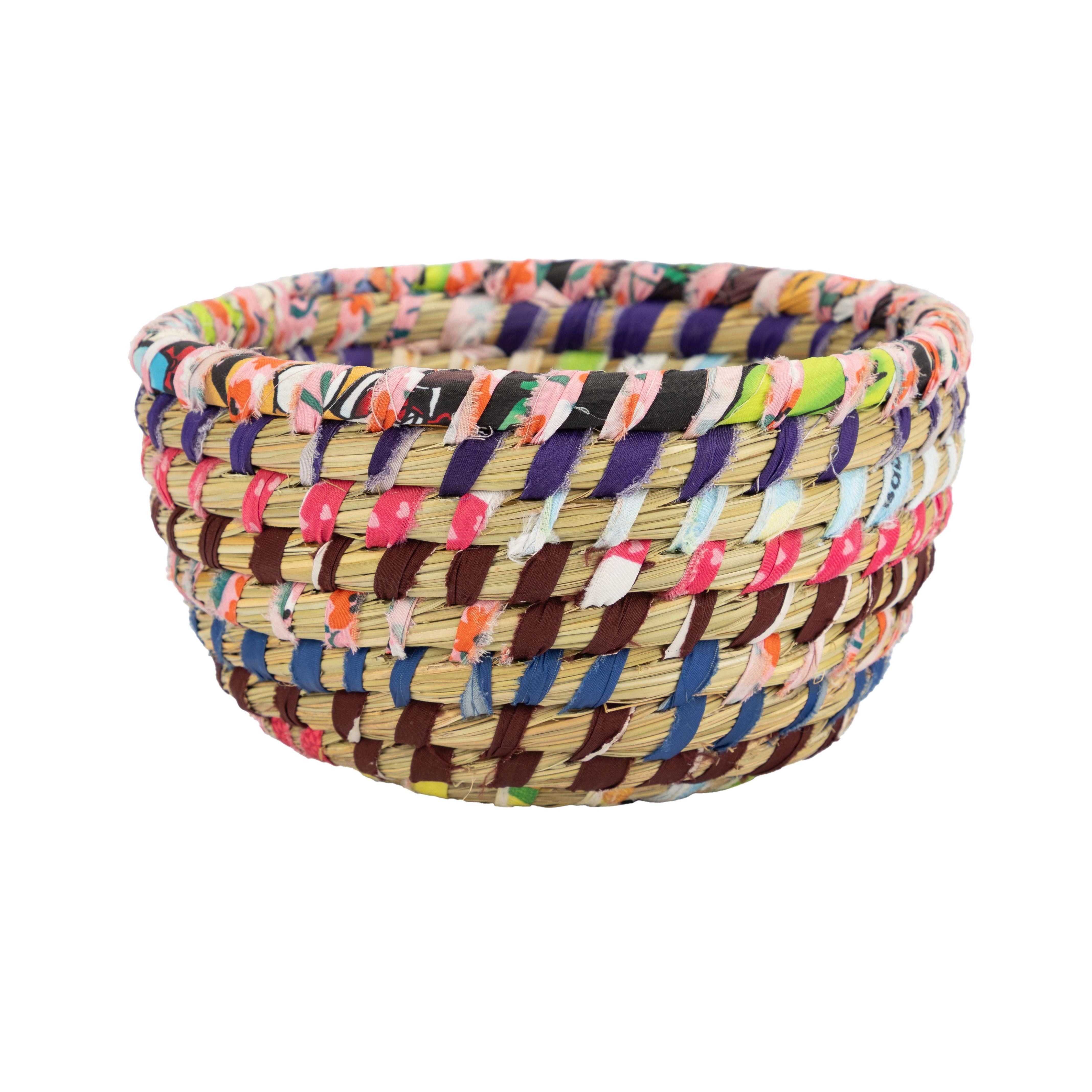 El Puente Schale "Pastell" Korbschale aus Kaisa-Gras und Sari-Stoff, Handmade, Gras / Blatt/Textil, Handmade