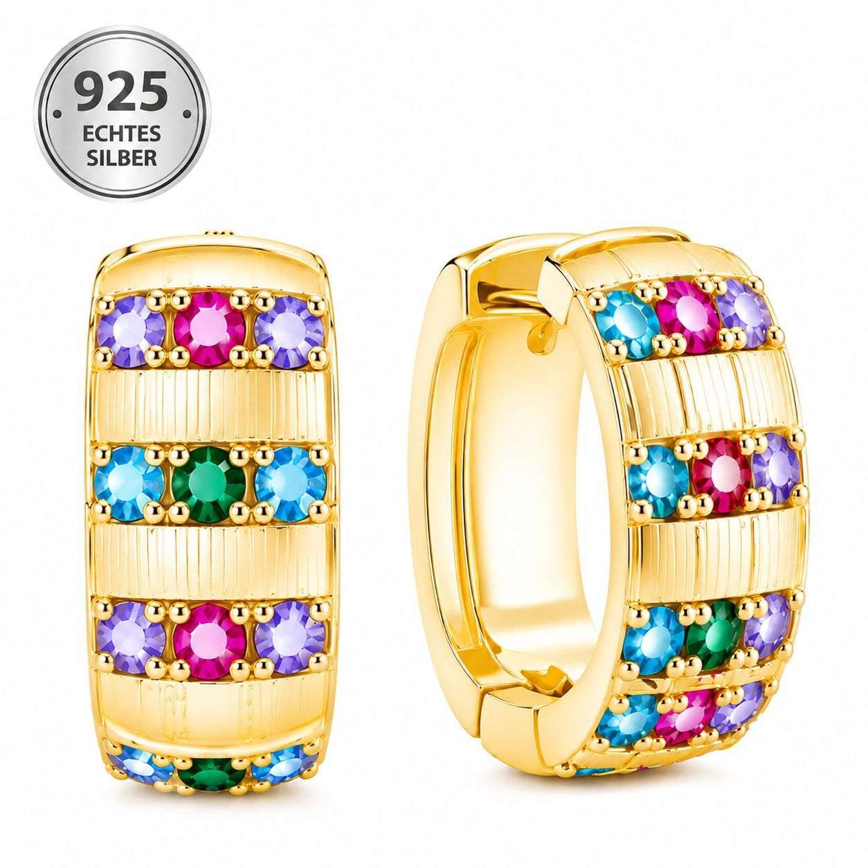 Taffstyle Paar Creolen Creolen Ohrringe Bunte Zirkonia 925 Sterling Silber Vergoldet Elegant (Vergoldete Silbercreolen mit bunten Zirkonia Steinen und Klappverschluss - Geschenkidee)