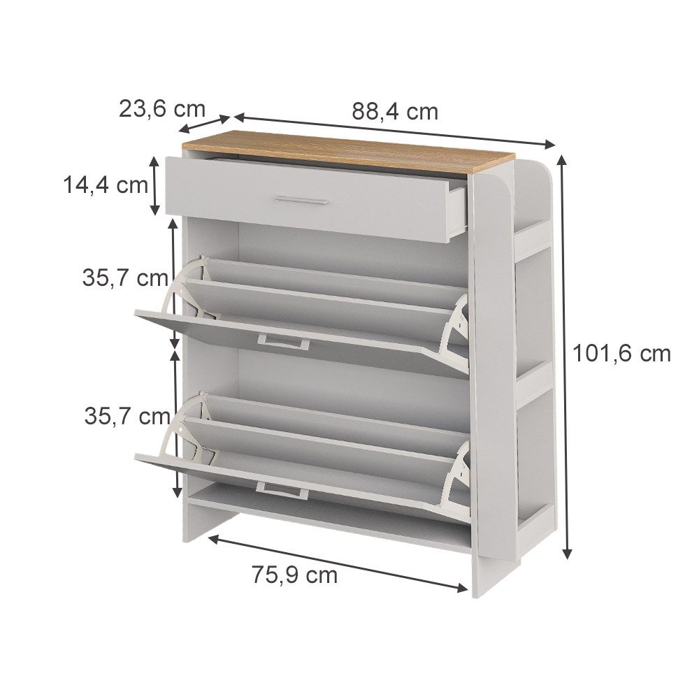 Vicco Schuhschrank Movino, Weiß/Eiche/Eiche, 88.4 x 101.6 cm mit offenen und geschlos...