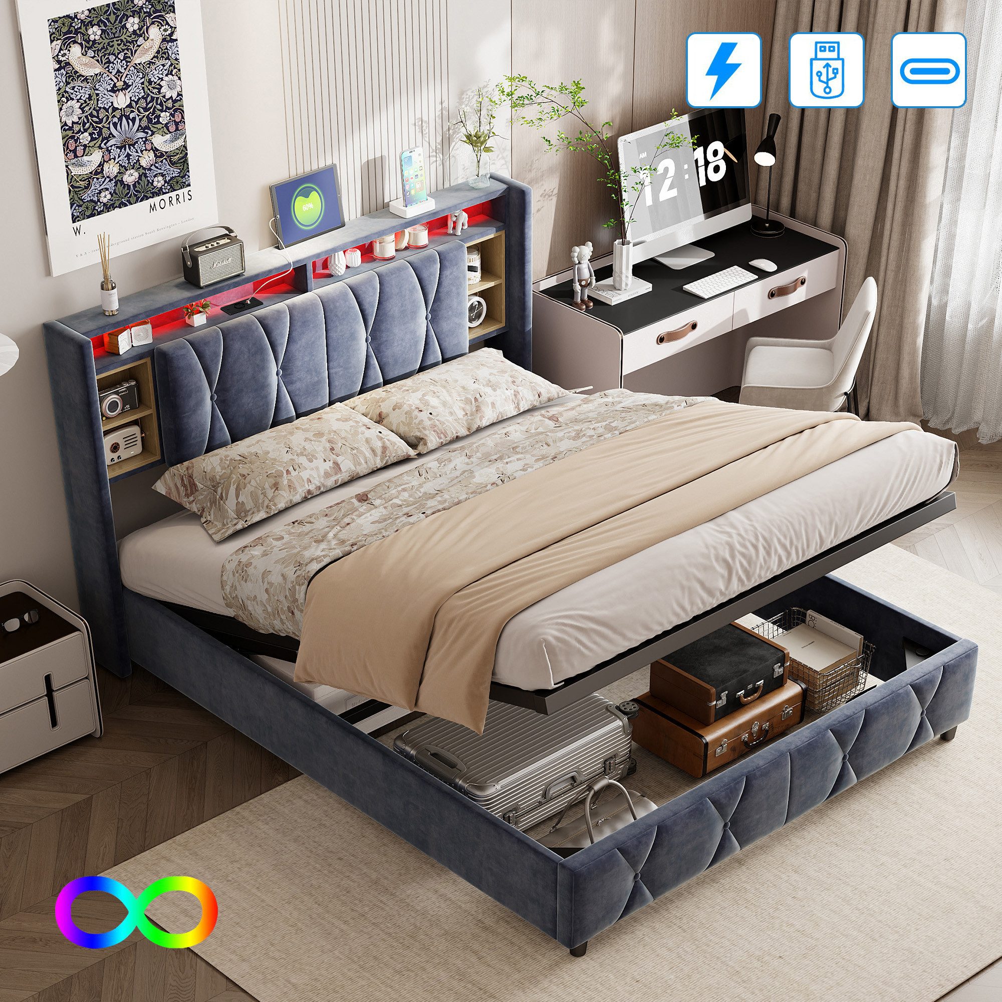 Furnishings Home Polsterbett Doppelbett Stauraumbett LED + Ladeanschluss (K günstig online kaufen