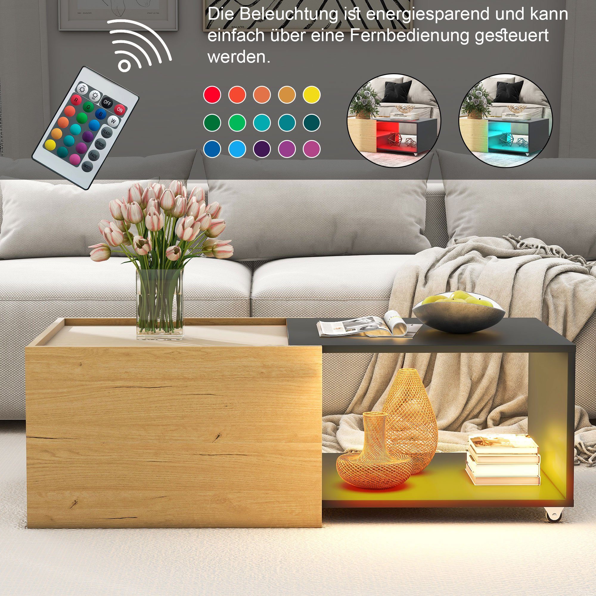 OKWISH Couchtisch Wohnzimmertisch mit Tischplatte Mobilität Design), und Flexibilität Spleißdesign ausziehbarem (Ausziehbares Zweifarbiges